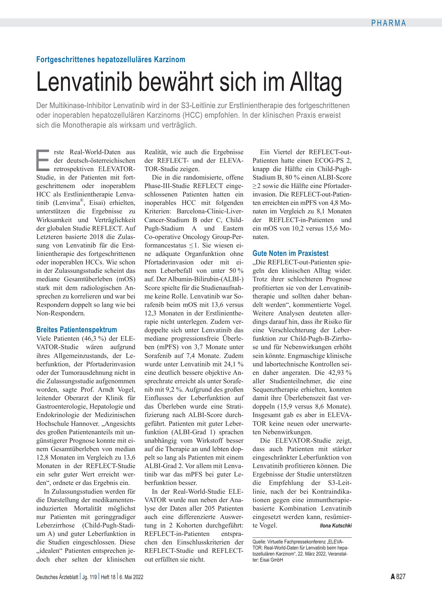 Vorschauseite 1: Fortgeschrittenes hepatozelluläres Karzinom: Lenvatinib bewährt sich im Alltag – Deutsches Ärzteblatt