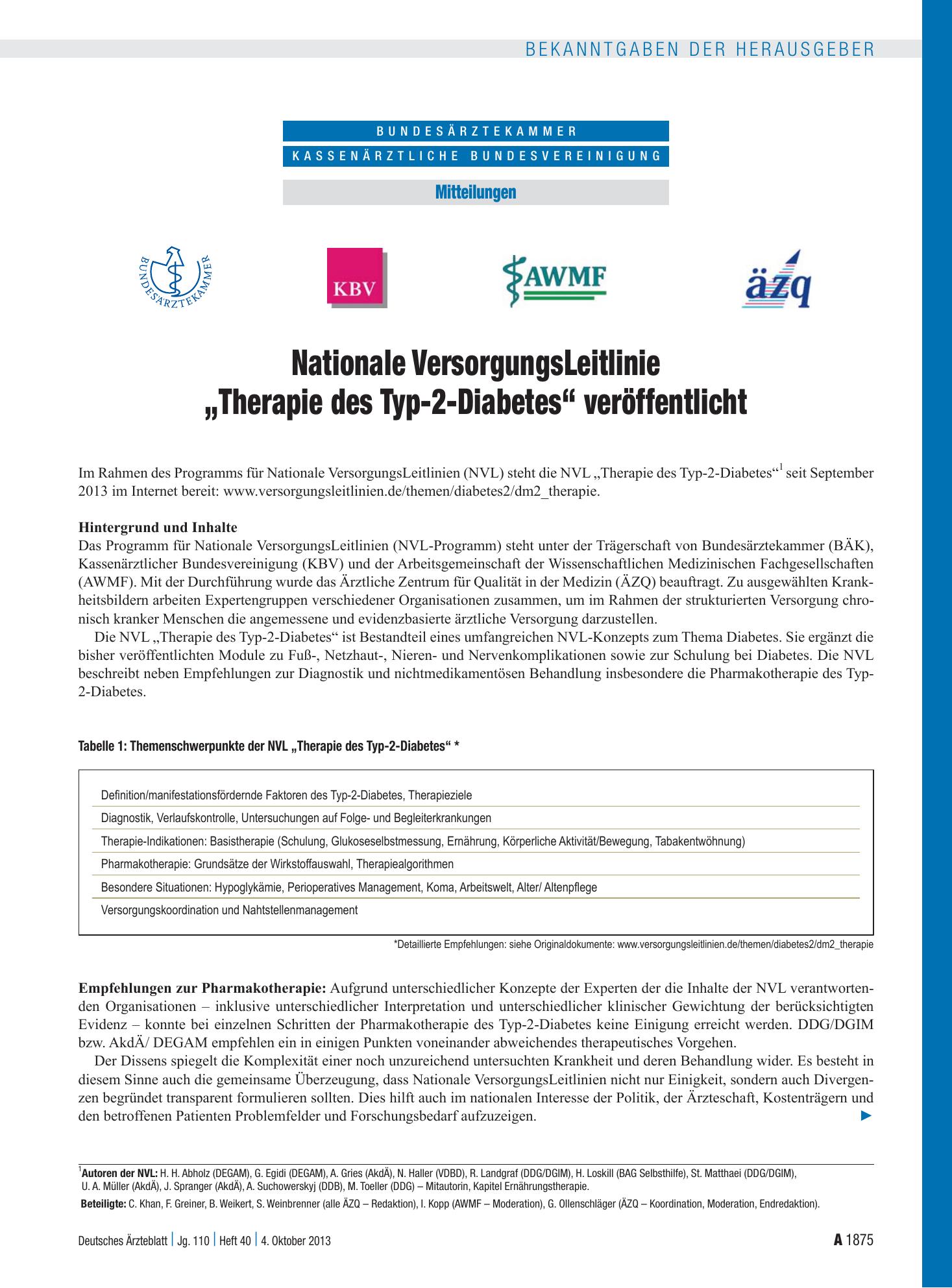 Vorschauseite 1: Nationale VersorgungsLeitlinie „Therapie des Typ-2-Diabetes“ veröffentlicht – Deutsches Ärzteblatt