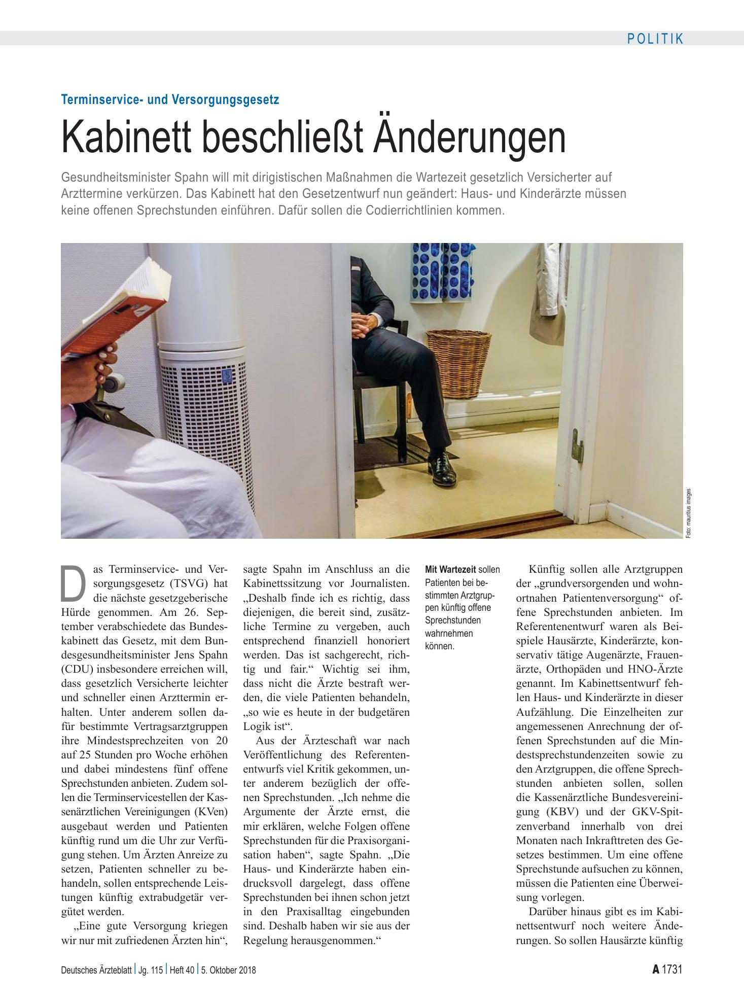 Vorschauseite 1: Terminservice- und Versorgungsgesetz: Kabinett beschließt Änderungen – Deutsches Ärzteblatt