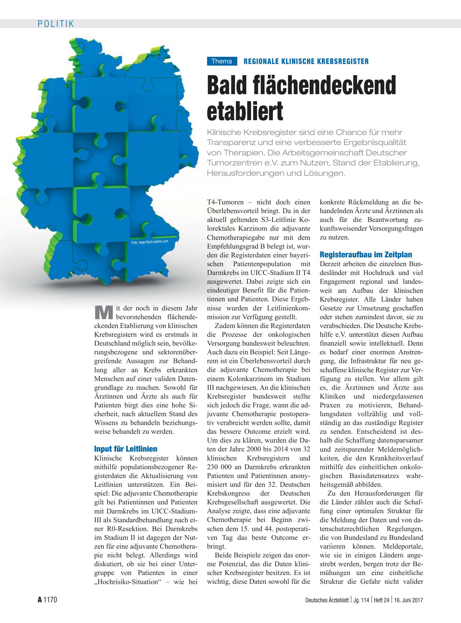 Vorschauseite 1: Regionale Klinische Krebsregister: Bald flächendeckend etabliert – Deutsches Ärzteblatt
