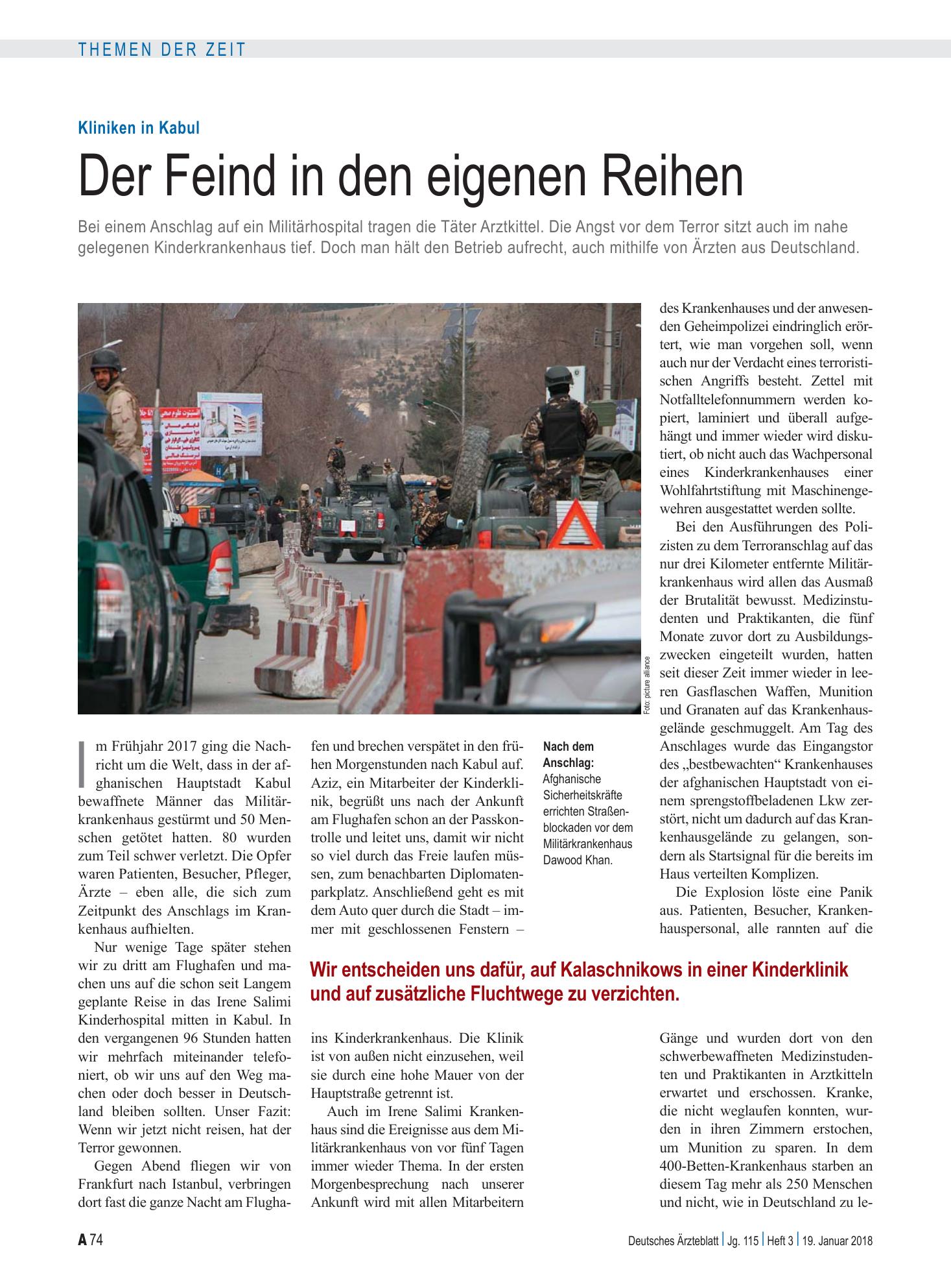 Vorschauseite 1: Kliniken in Kabul: Der Feind in den eigenen Reihen – Deutsches Ärzteblatt