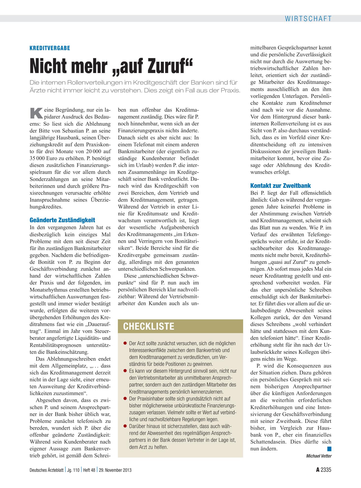 Vorschauseite 1: Kreditvergabe: Nicht mehr „auf Zuruf“ – Deutsches Ärzteblatt