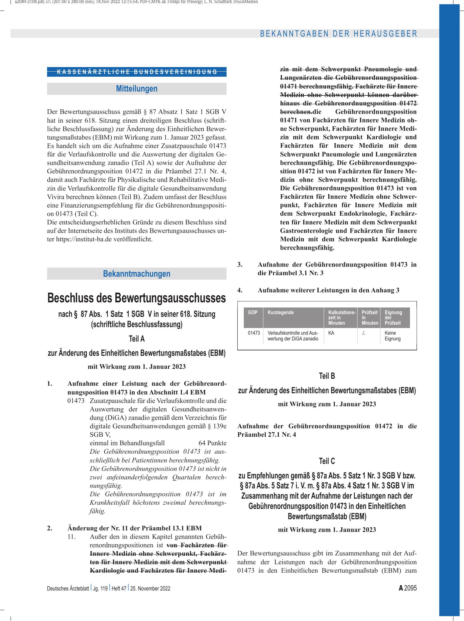Vorschauseite 1: Beschluss des Bewertungsausschusses nach § 87 Abs. 1 Satz 1 SGB V in seiner 618. Sitzung (schriftliche Beschlussfassung) – Deutsches Ärzteblatt