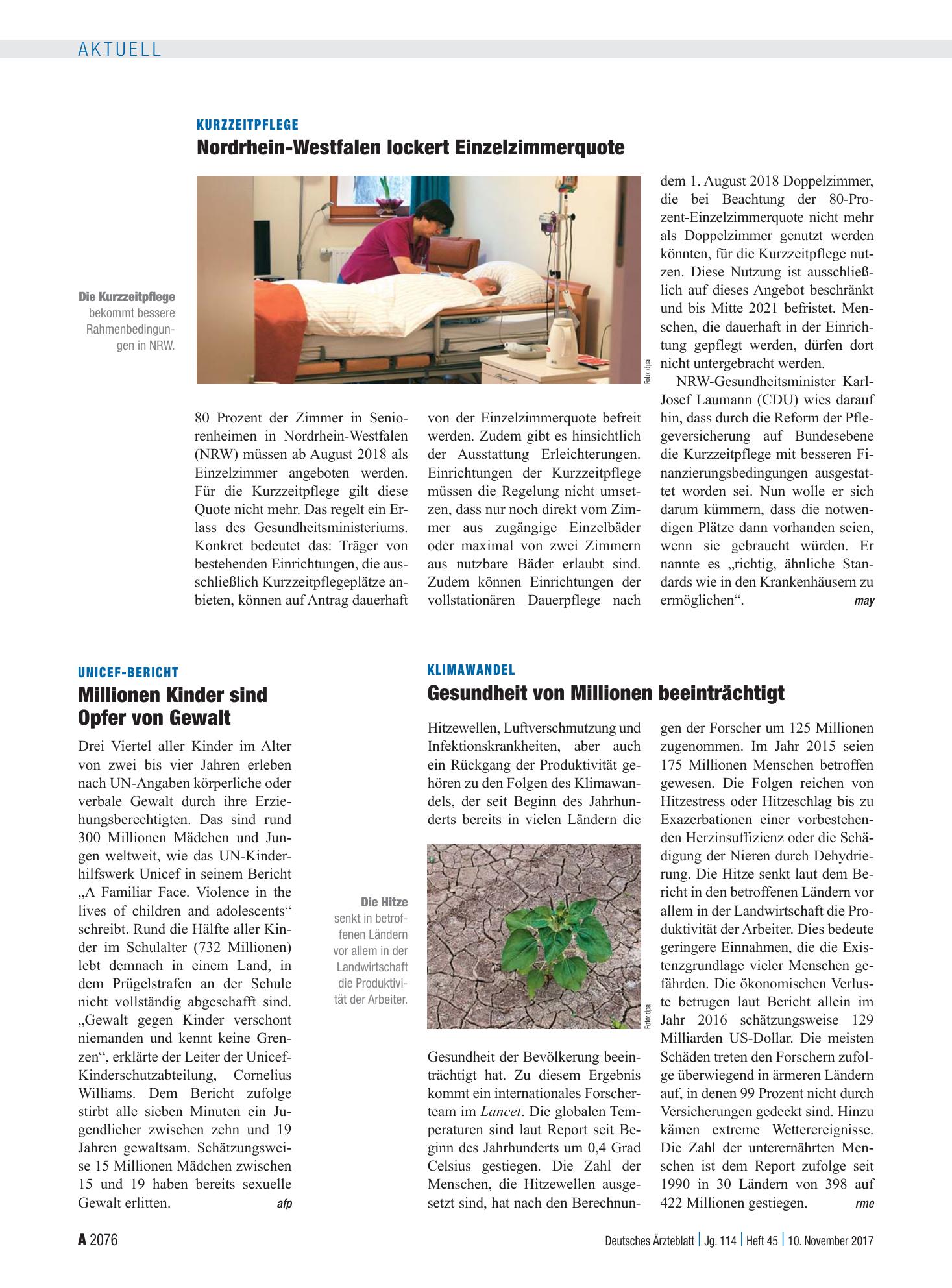 Vorschauseite 1: Unicef-Bericht: Millionen Kinder sind Opfer von Gewalt – Deutsches Ärzteblatt