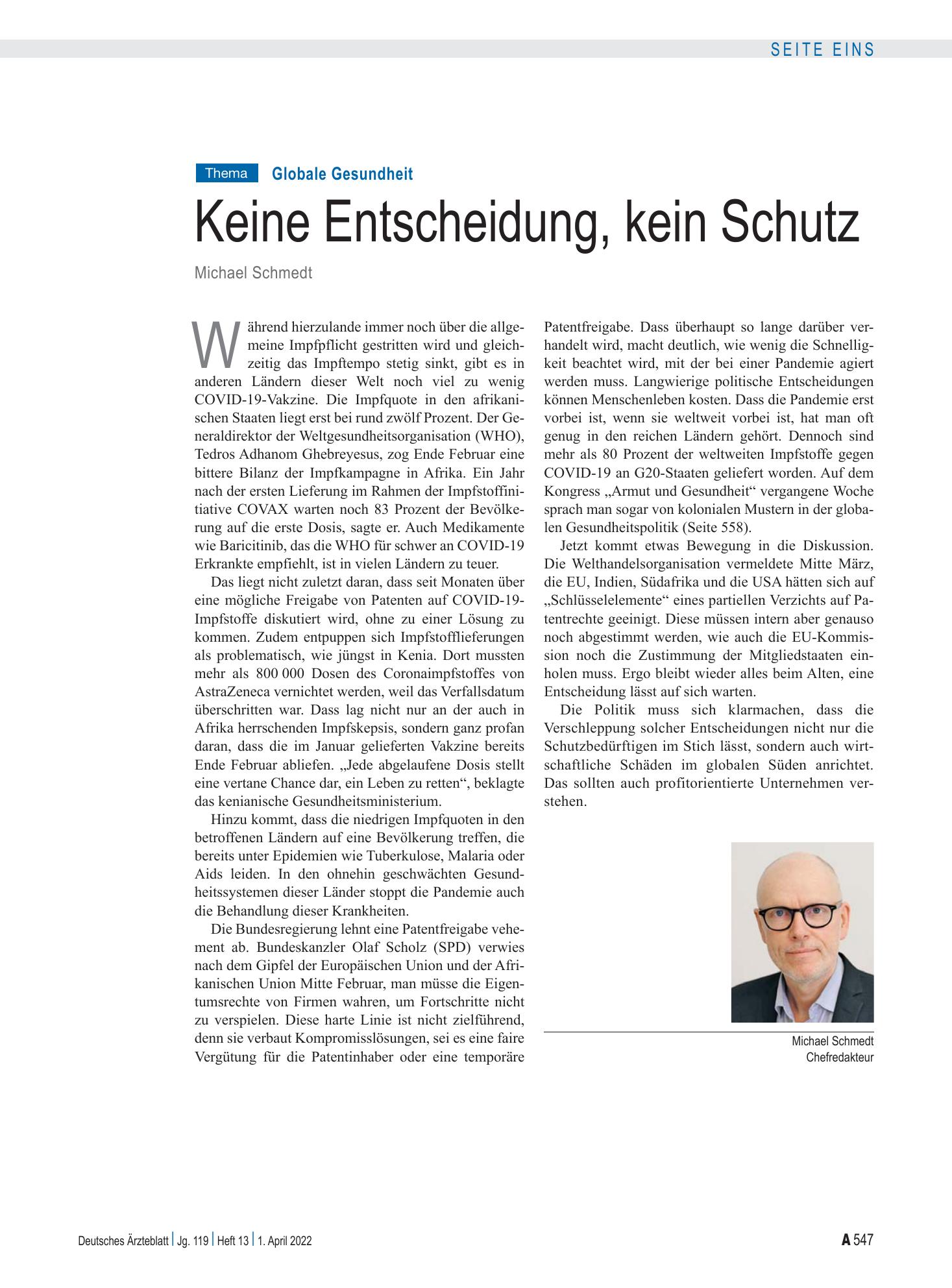 Vorschauseite 1: Globale Gesundheit: Keine Entscheidung, kein Schutz – Deutsches Ärzteblatt