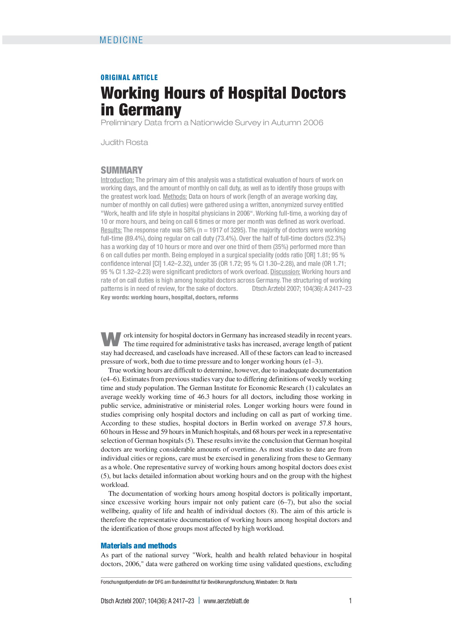 Vorschauseite 1: Arbeitszeit der Krankenhausärzte in Deutschland – Deutsches Ärzteblatt