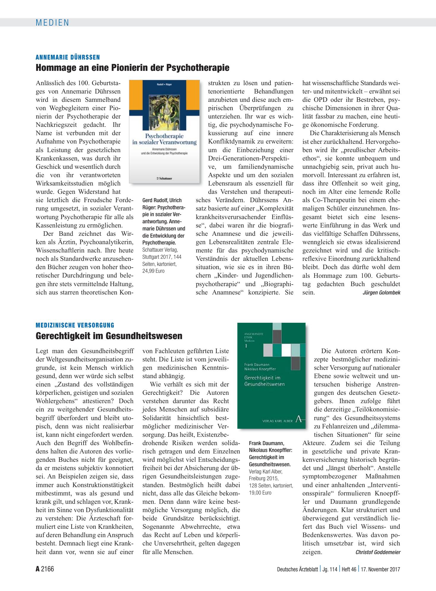 Vorschauseite 1: Annemarie Dührssen: Hommage an eine Pionierin der Psychotherapie – Deutsches Ärzteblatt