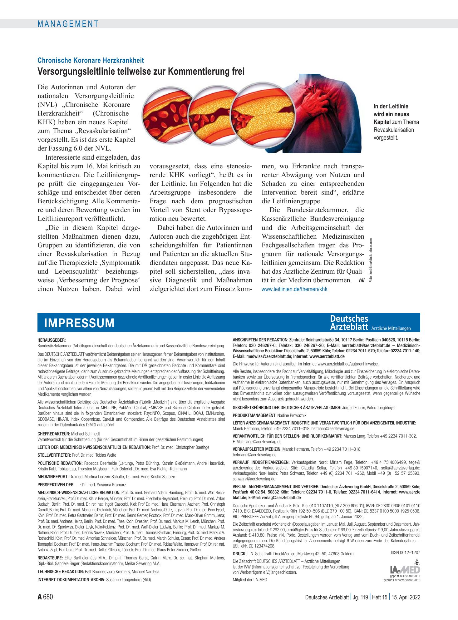Vorschauseite 1: Chronische Koronare Herzkrankheit: Versorgungsleitlinie teilweise zur Kommentierung frei – Deutsches Ärzteblatt