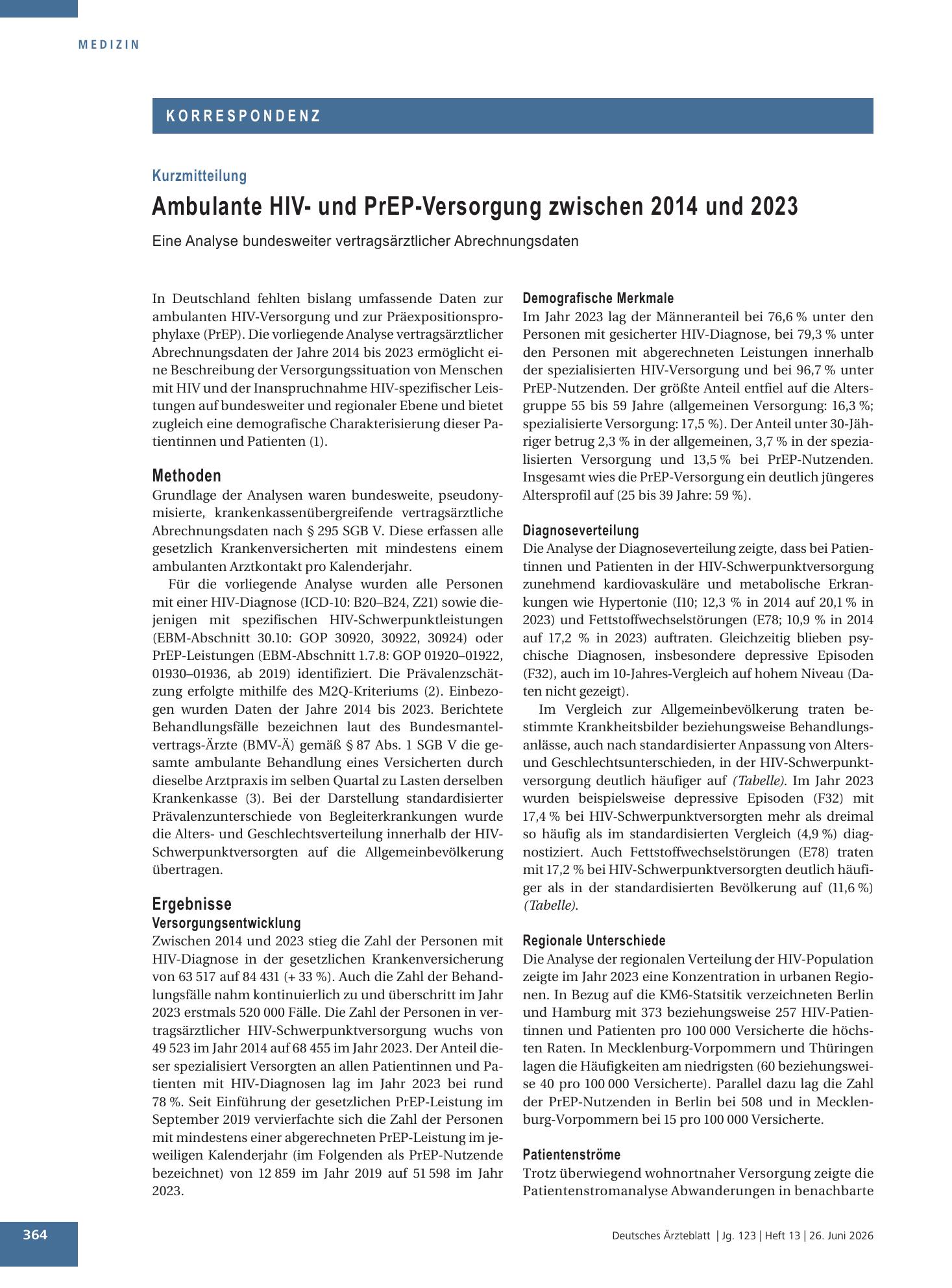 Vorschauseite 1: Ambulante HIV- und PrEP-Versorgung zwischen 2014 und 2023 – Deutsches Ärzteblatt