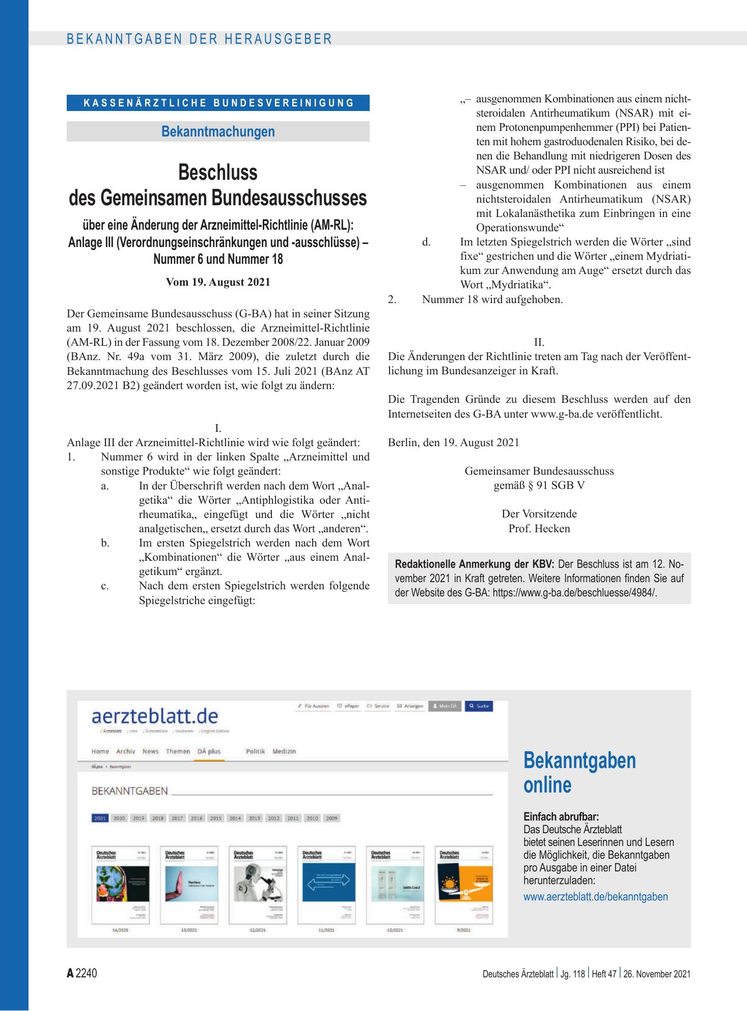 Vorschauseite 1: Bekanntgaben online – Deutsches Ärzteblatt