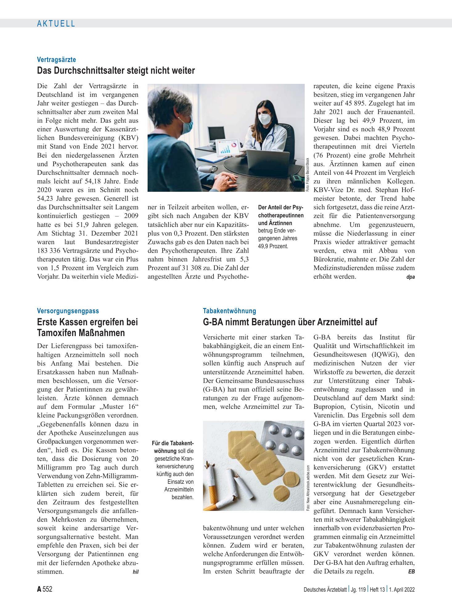 Vorschauseite 1: Vertragsärzte: Das Durchschnittsalter steigt nicht weiter – Deutsches Ärzteblatt