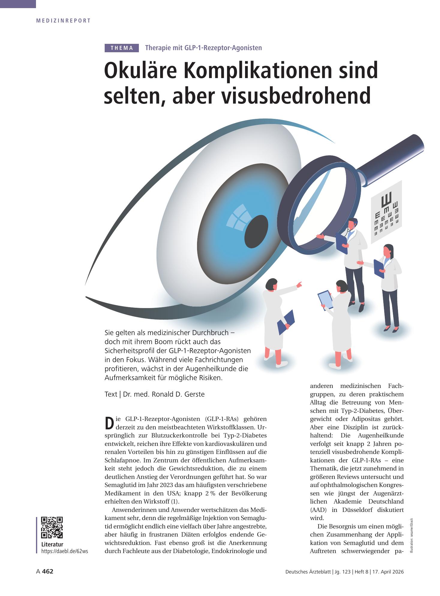 Vorschauseite 1: Therapie mit GLP-1-Rezeptor-Agonisten: Okuläre Komplikationen sind selten, aber visusbedrohend – Deutsches Ärzteblatt