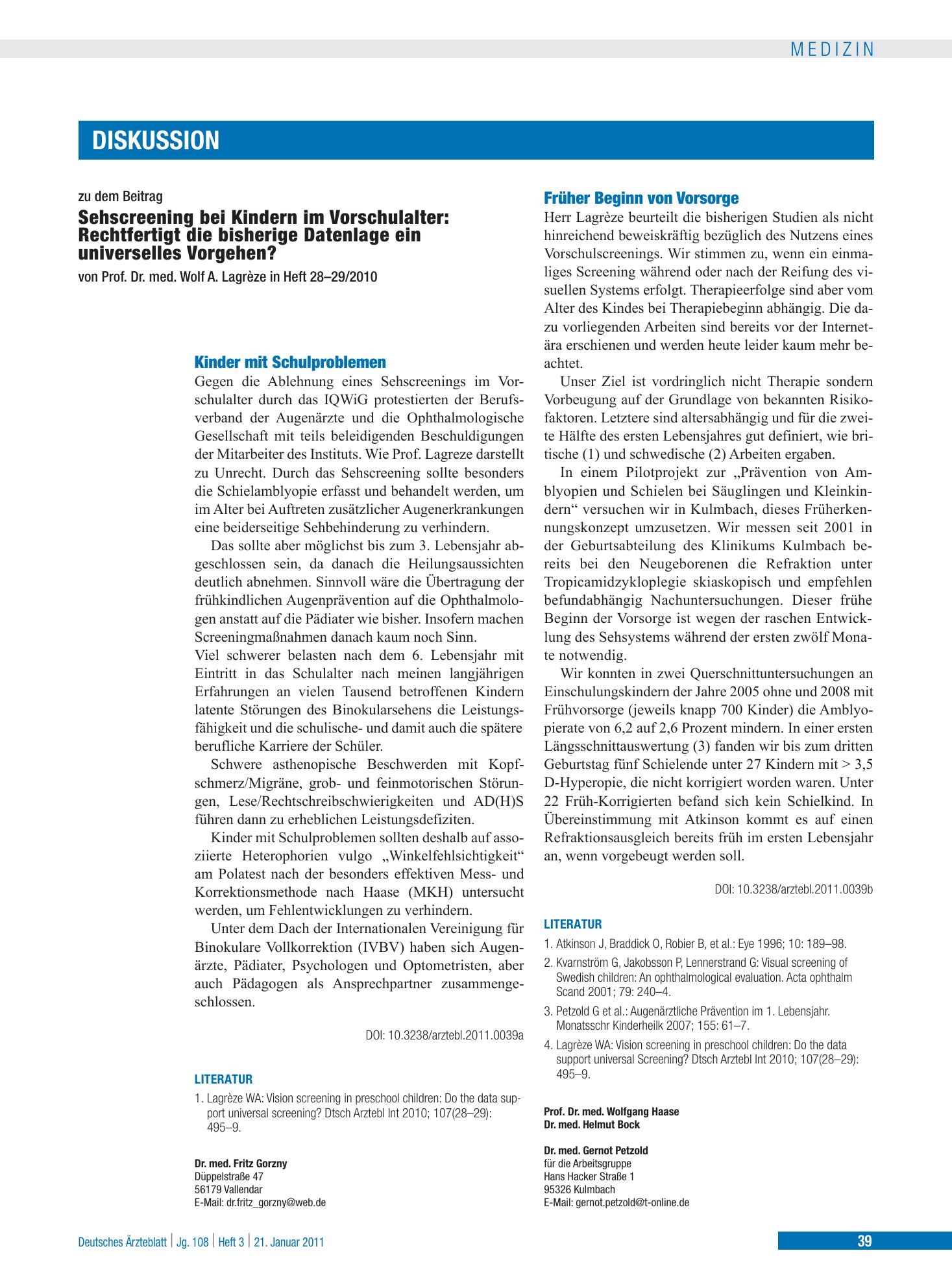 Vorschauseite 1: Früher Beginn von Vorsorge – Deutsches Ärzteblatt