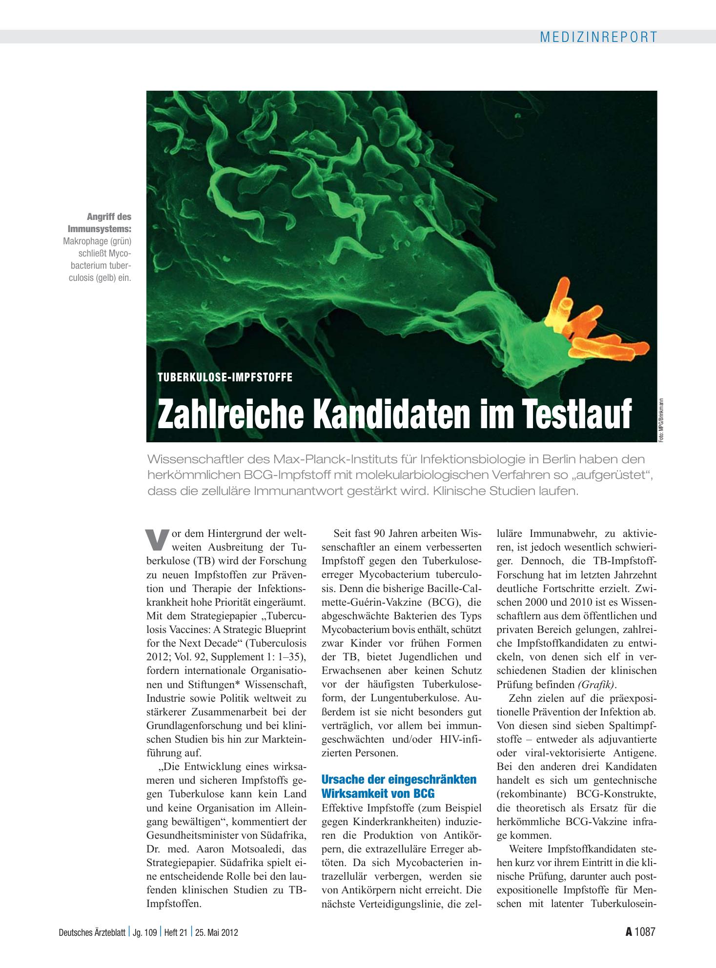 Vorschauseite 1: Tuberkulose-Impfstoffe: Zahlreiche Kandidaten im Testlauf – Deutsches Ärzteblatt