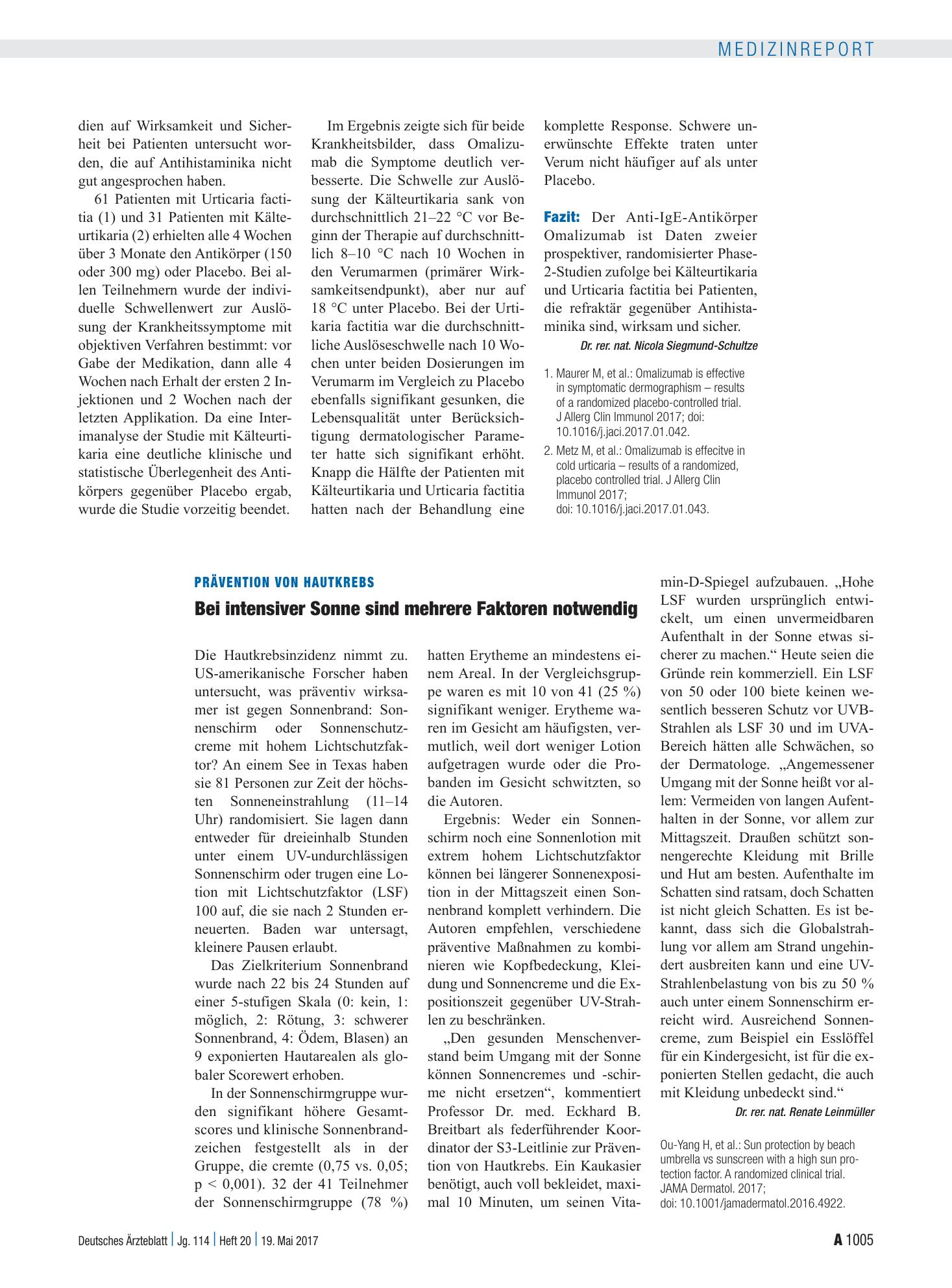 Vorschauseite 1: Prävention von Hautkrebs: Bei intensiver Sonne sind mehrere Faktoren notwendig – Deutsches Ärzteblatt