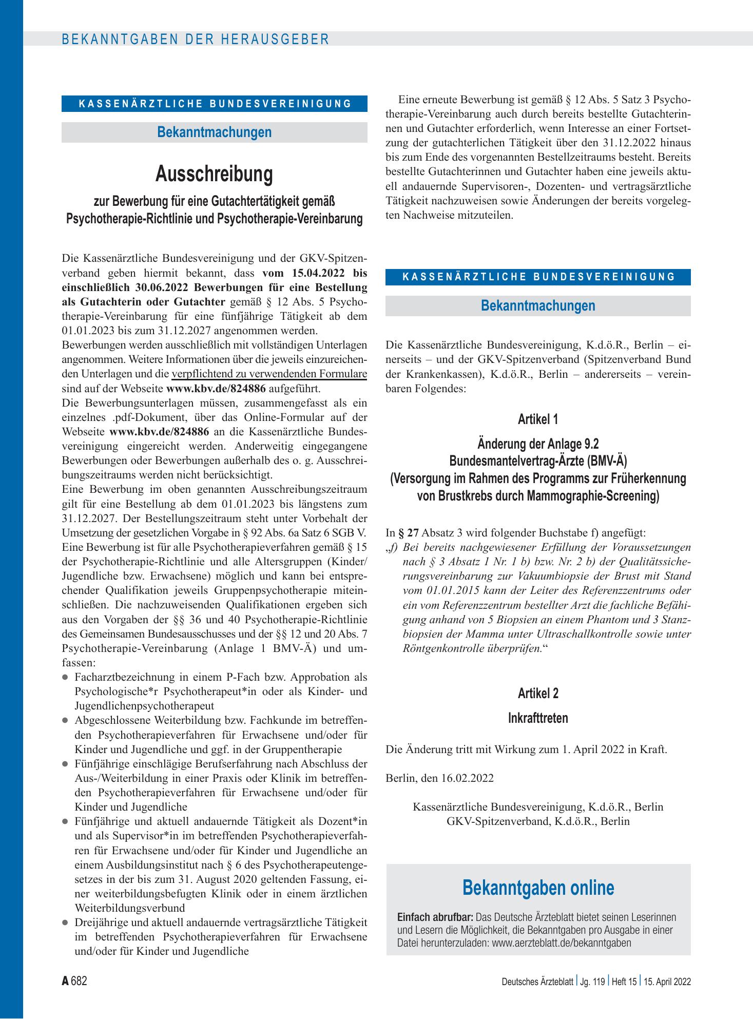 Vorschauseite 1: Bekanntgaben online – Deutsches Ärzteblatt