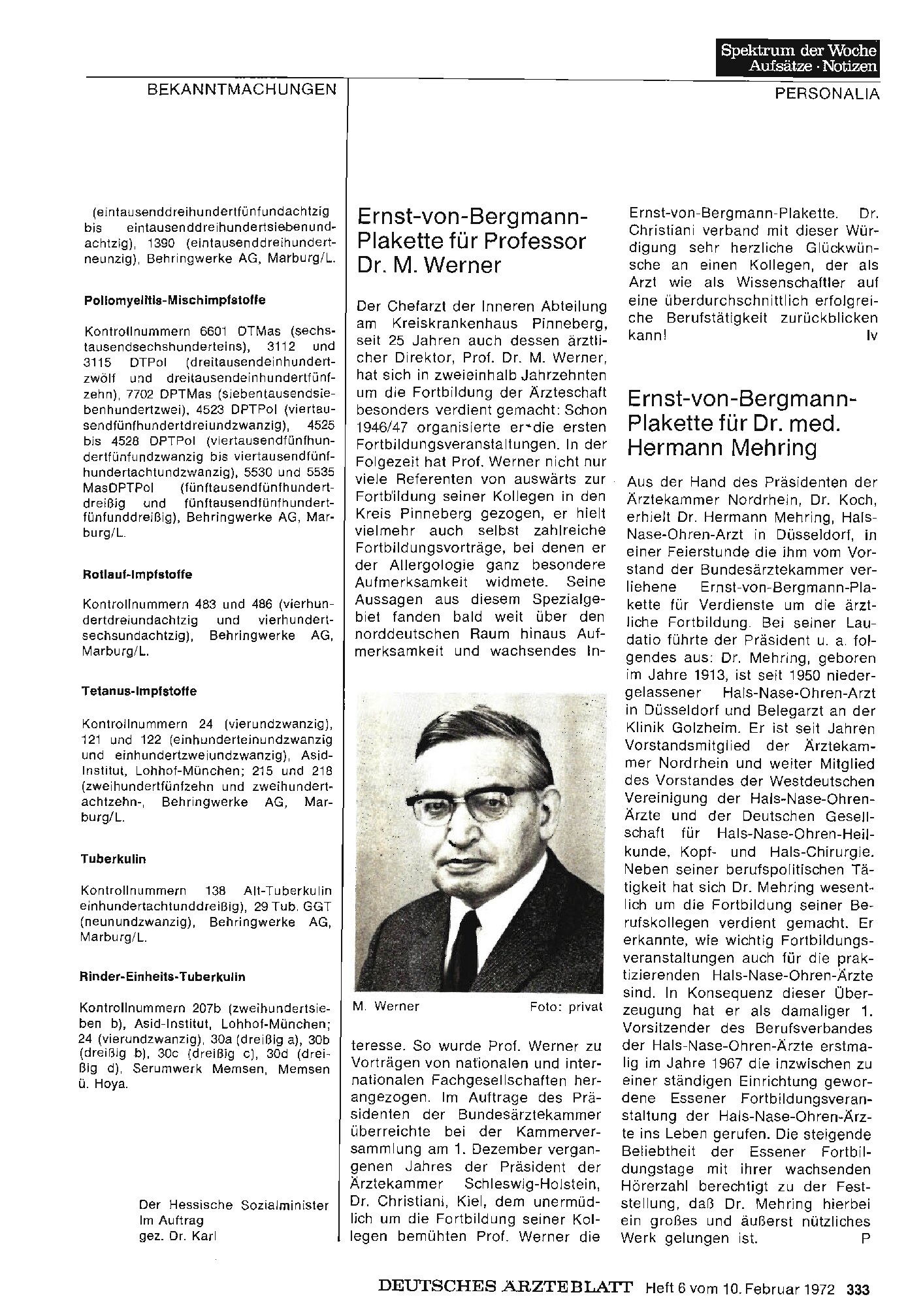 Vorschauseite 1: Ernst-von-Bergmann-Plakette für Professor Dr. M. Werner
