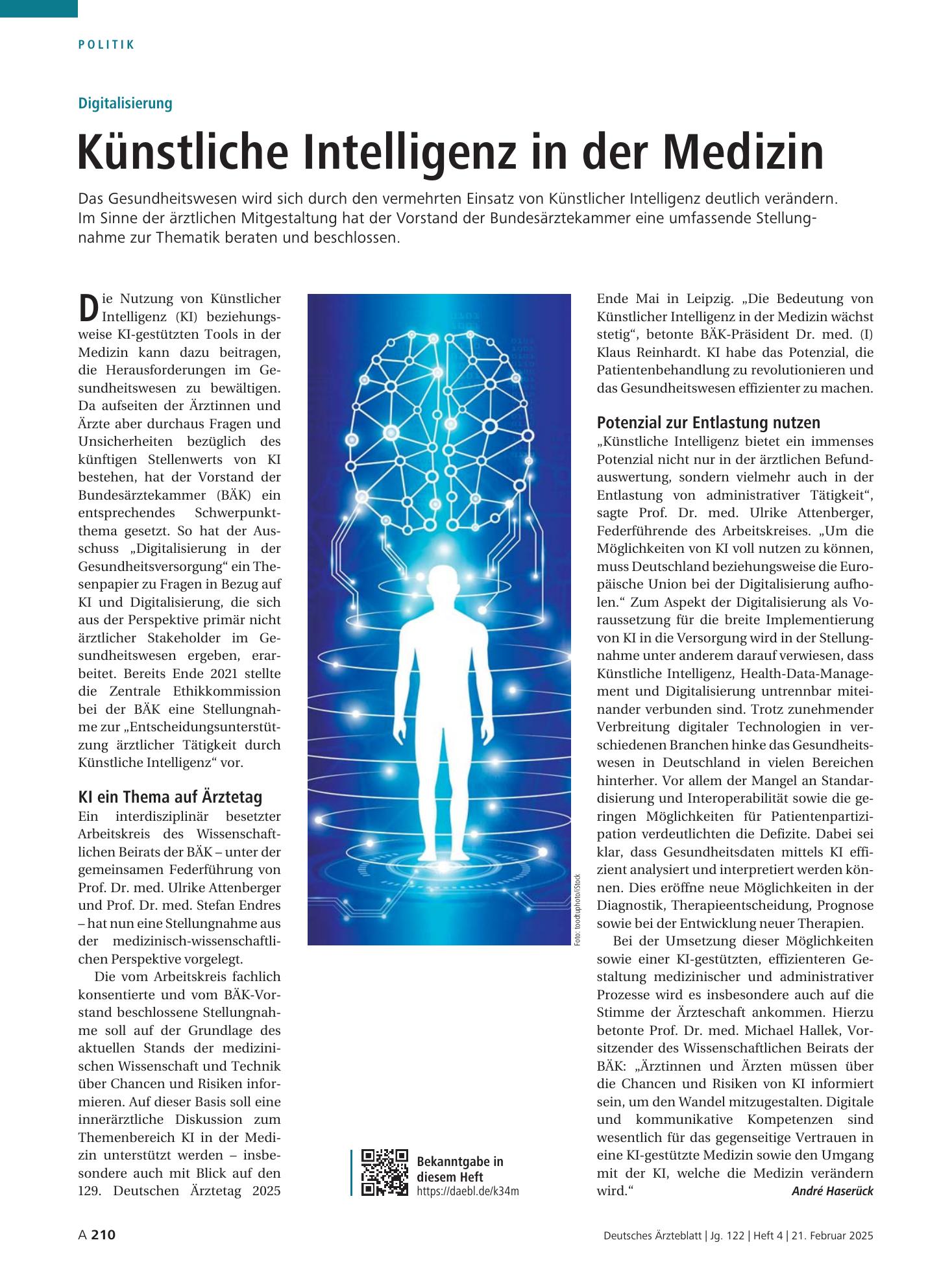 Vorschauseite 1: Digitalisierung: Künstliche Intelligenz in der Medizin – Deutsches Ärzteblatt