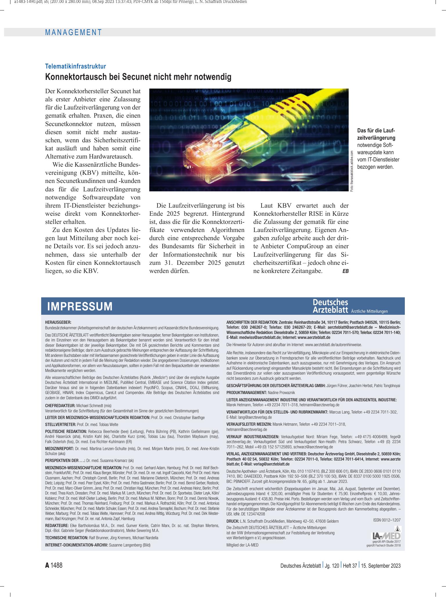 Vorschauseite 1: Telematikinfrastruktur: Konnektortausch bei Secunet nicht mehr notwendig – Deutsches Ärzteblatt