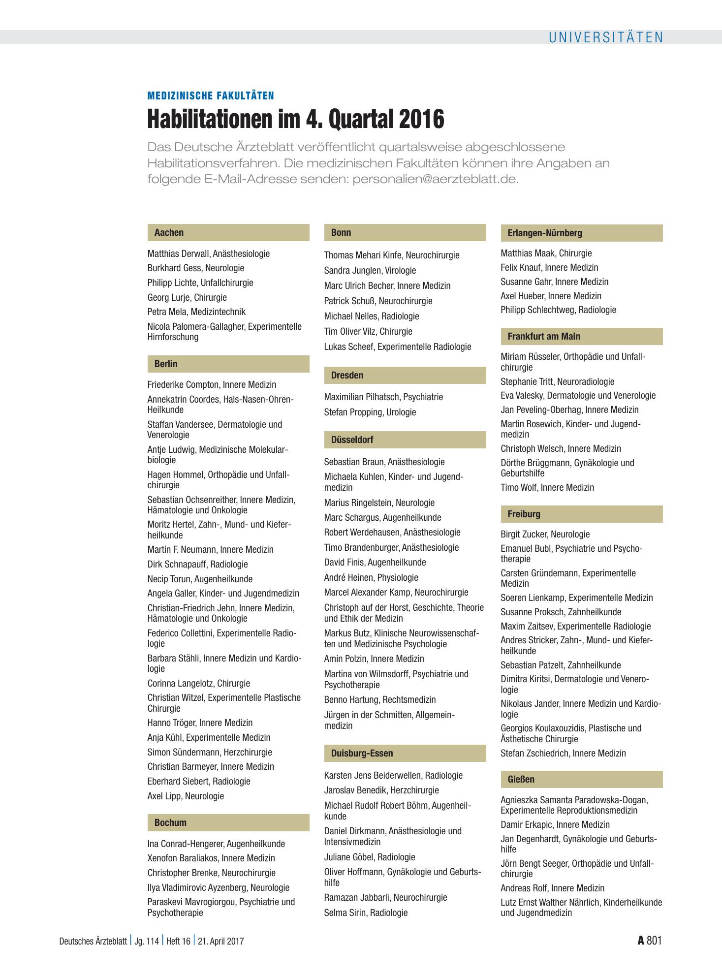 Vorschauseite 1: Medizinische Fakultäten: Habilitationen im 4. Quartal 2016 – Deutsches Ärzteblatt
