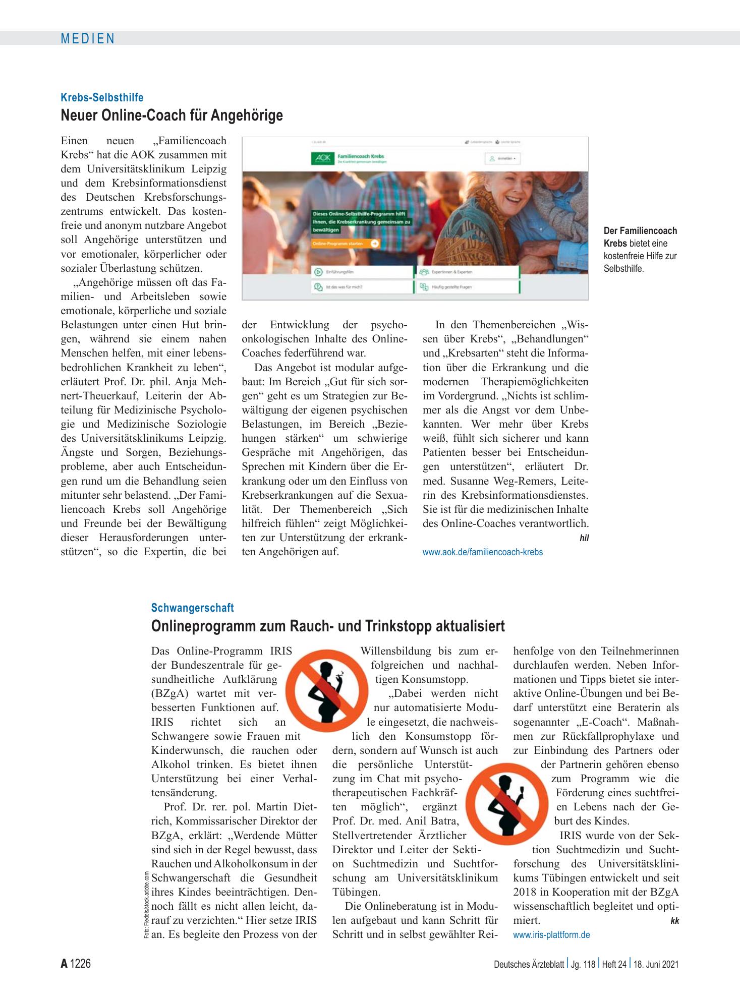 Vorschauseite 1: Schwangerschaft: Onlineprogramm zum Rauch- und Trinkstopp aktualisiert – Deutsches Ärzteblatt