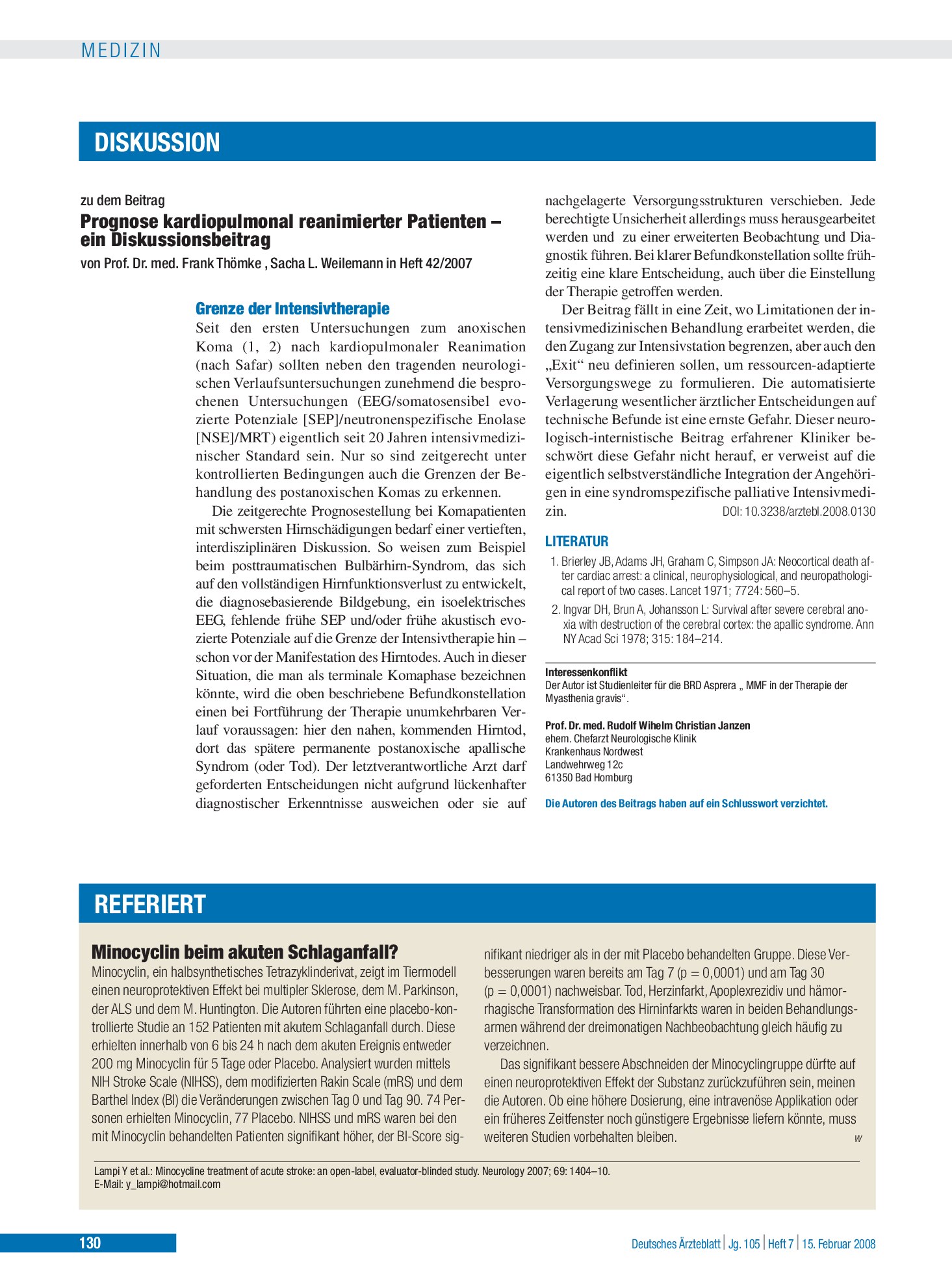 Vorschauseite 1: Minocyclin beim akuten Schlaganfall? – Deutsches Ärzteblatt