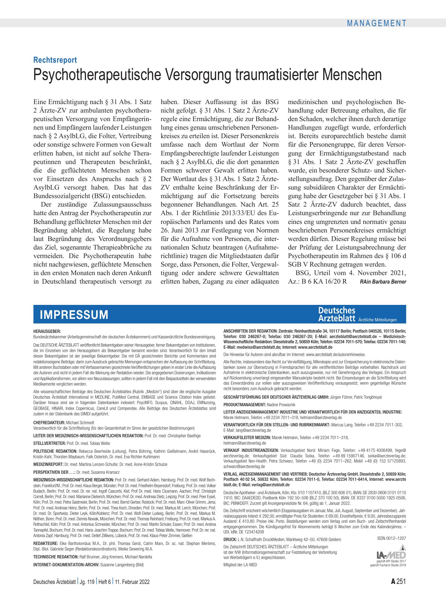 Vorschauseite 1: Rechtsreport: Psychotherapeutische Versorgung traumatisierter Menschen – Deutsches Ärzteblatt
