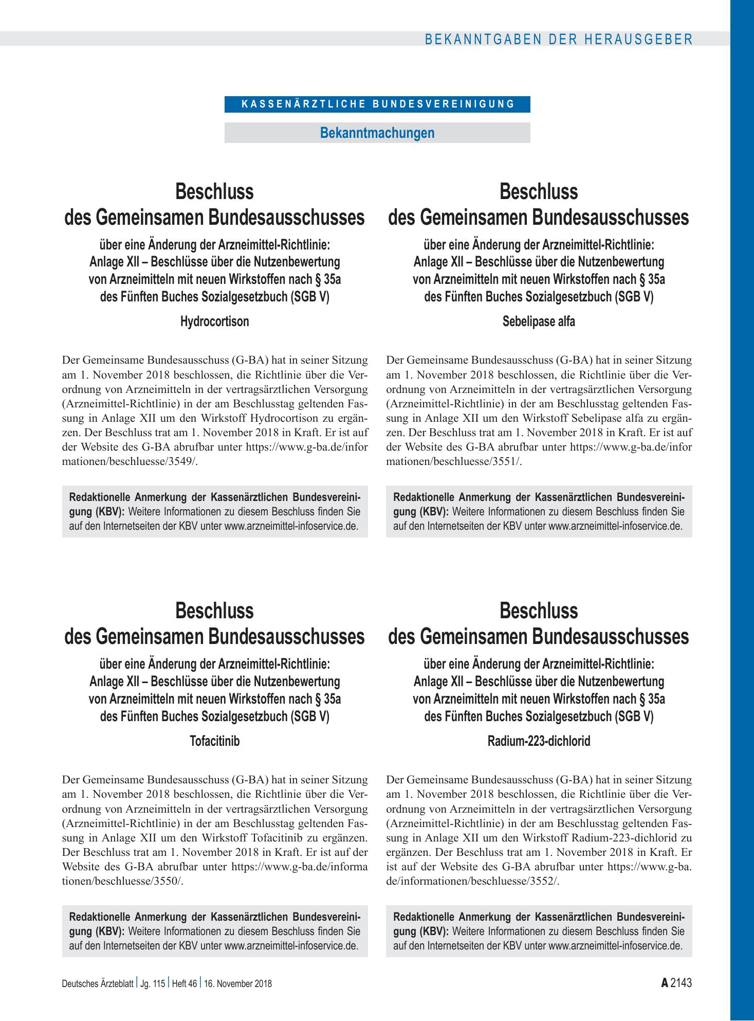Vorschauseite 1: Beschluss des Gemeinsamen Bundesausschusses über eine Änderung der Arzneimittel-Richtlinie: Anlage XII – Tofacitinib – Deutsches Ärzteblatt