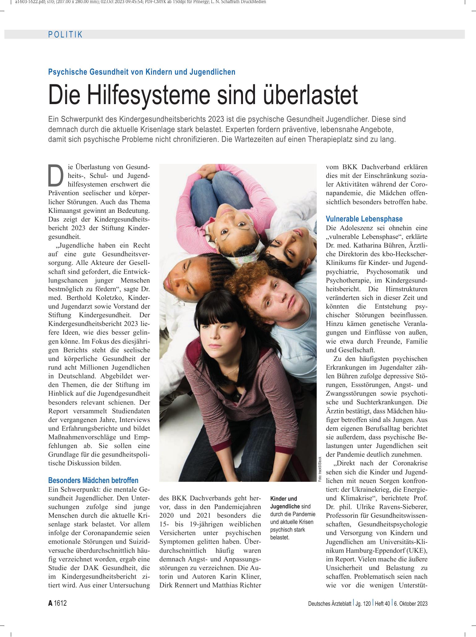 Vorschauseite 1: Psychische Gesundheit von Kindern und Jugendlichen: Die Hilfesysteme sind überlastet – Deutsches Ärzteblatt
