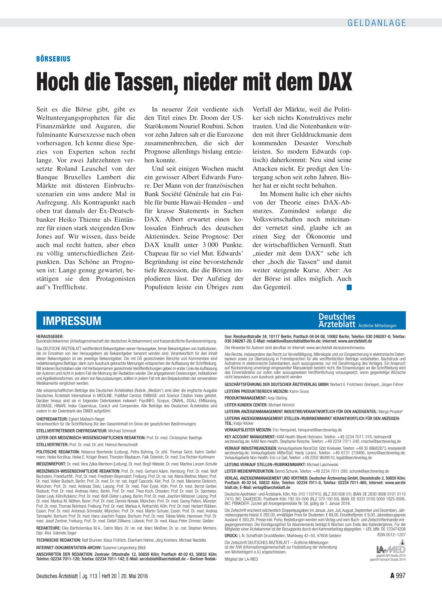 Vorschauseite 1: Börsebius: Hoch die Tassen, nieder mit dem DAX – Deutsches Ärzteblatt