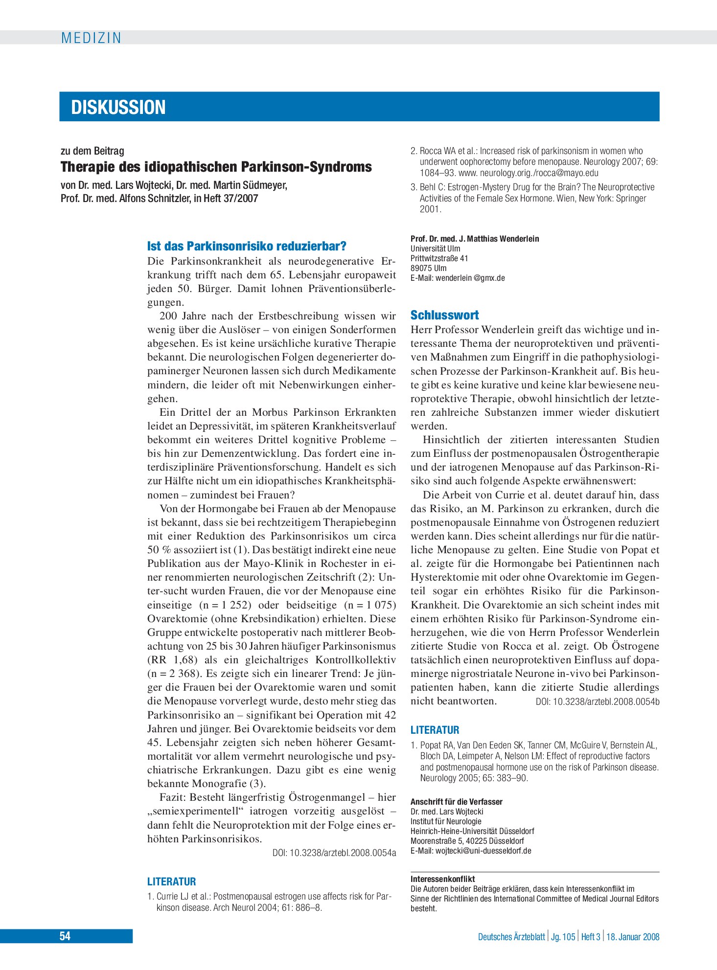 Vorschauseite 1: Therapie des idiopathischen Parkinson-Syndroms: Ist das Parkinsonrisiko reduzierbar? – Deutsches Ärzteblatt