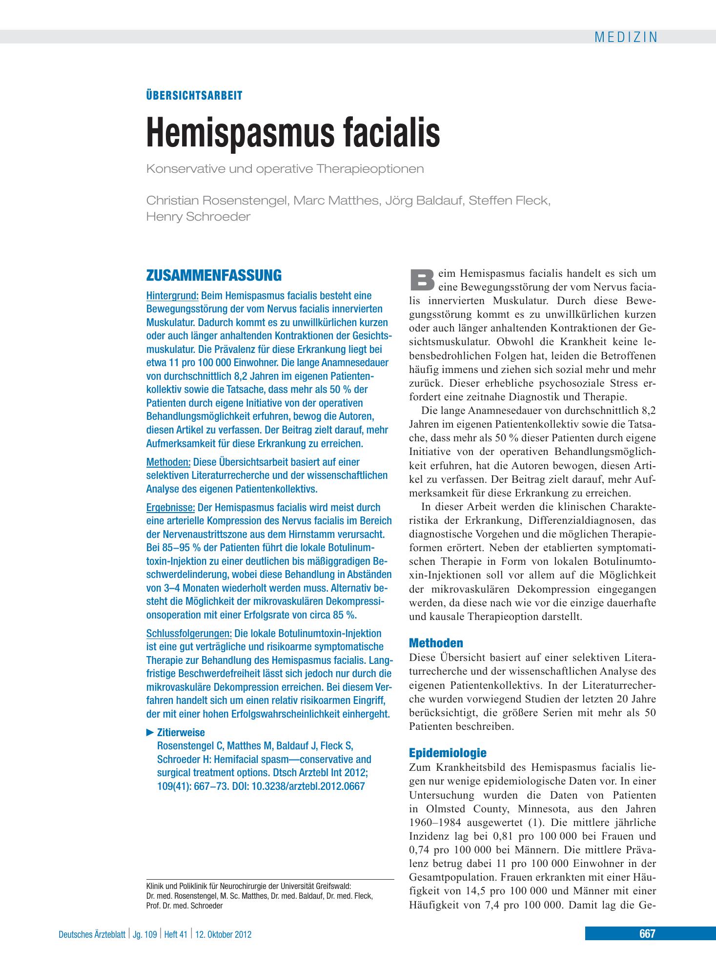 Vorschauseite 1: Hemispasmus facialis – Deutsches Ärzteblatt