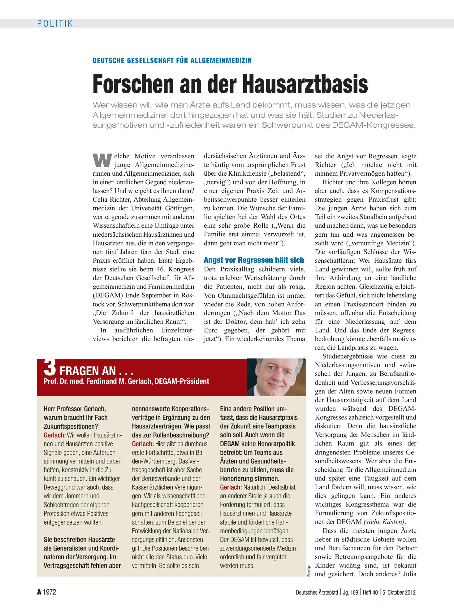 Vorschauseite 1: Deutsche Gesellschaft für Allgemeinmedizin: Forschen an der Hausarztbasis – Deutsches Ärzteblatt