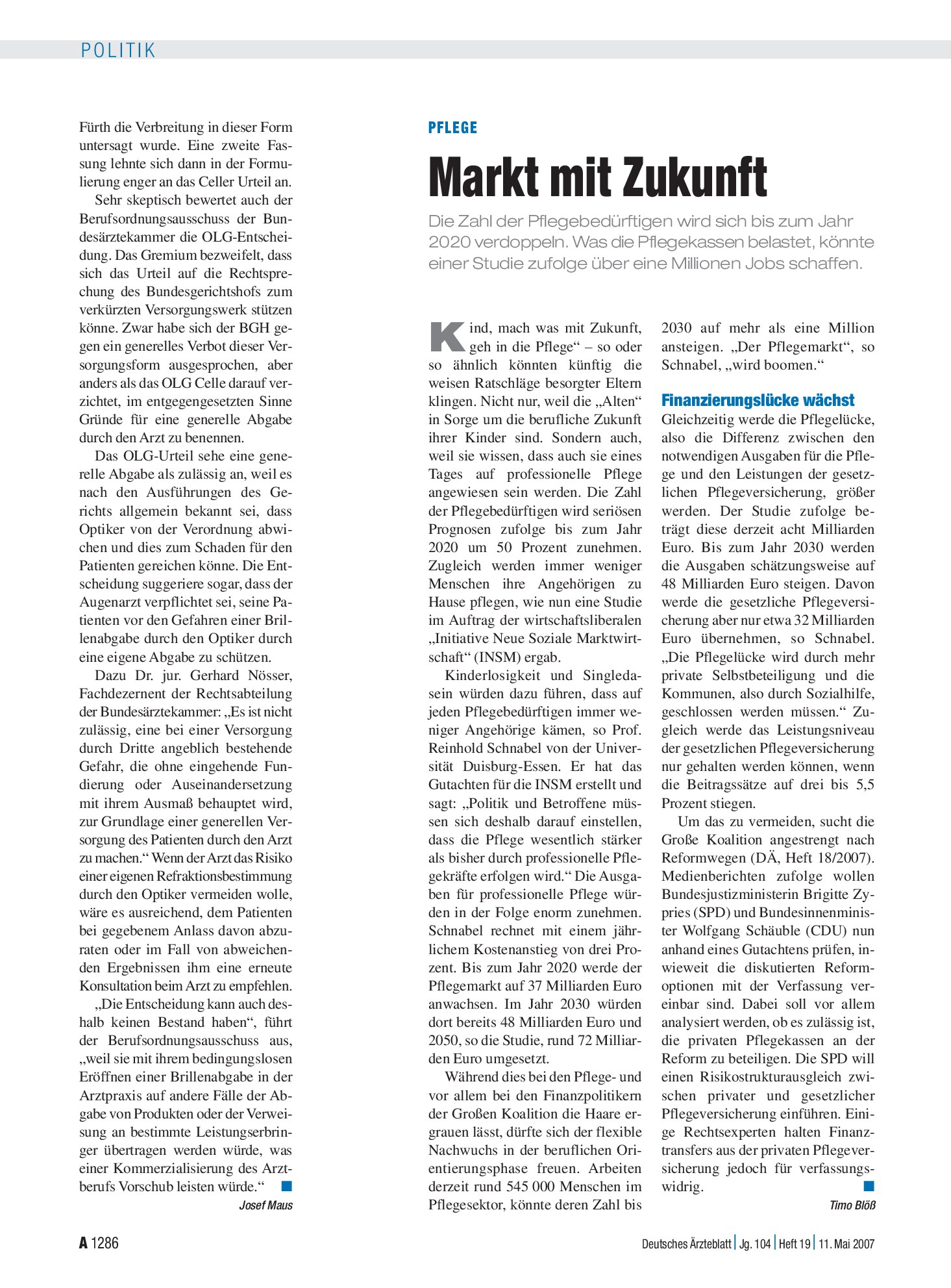 Vorschauseite 1: Pflege: Markt mit Zukunft – Deutsches Ärzteblatt