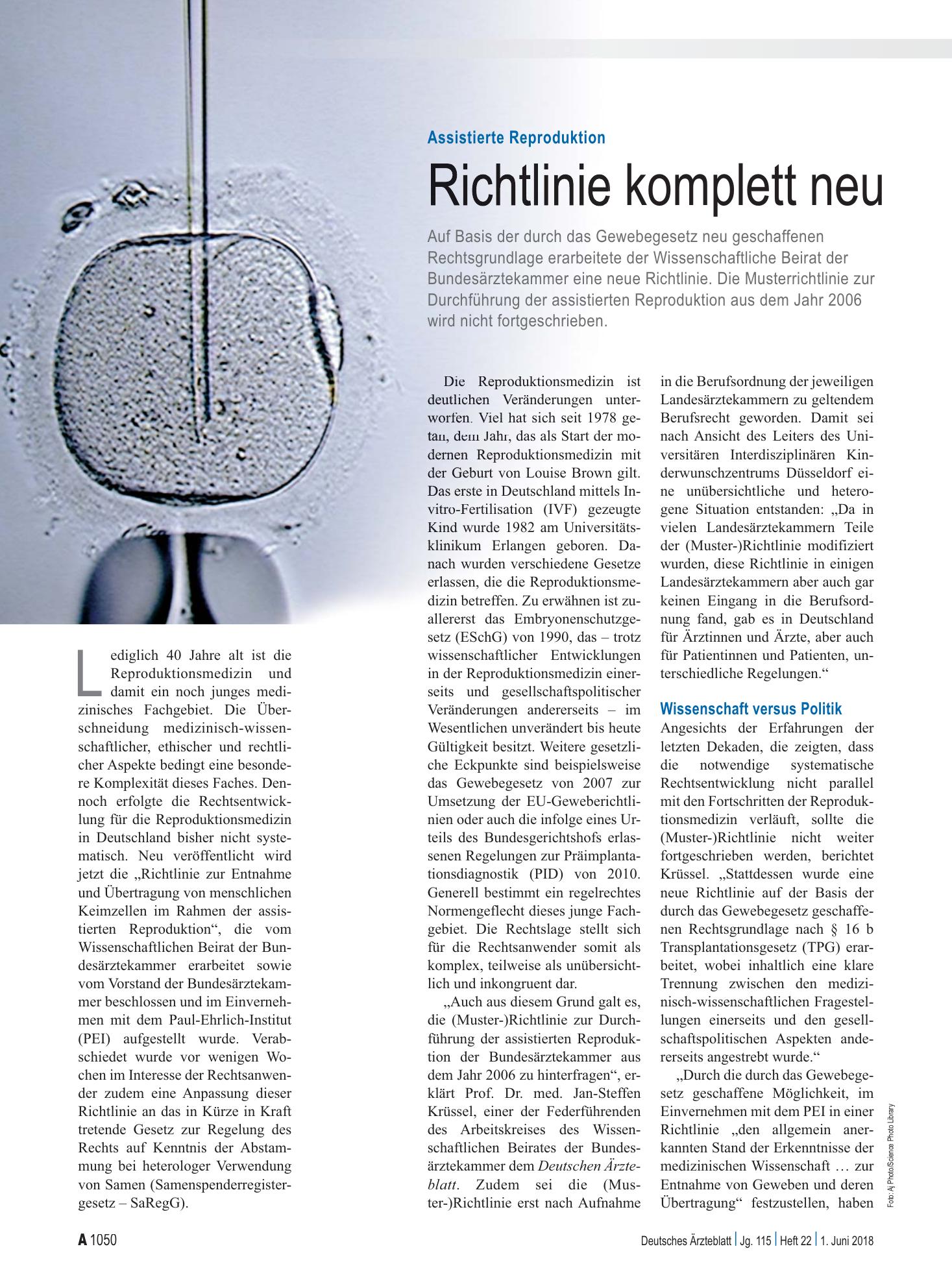 Vorschauseite 1: Assistierte Reproduktion: Richtlinie komplett neu – Deutsches Ärzteblatt