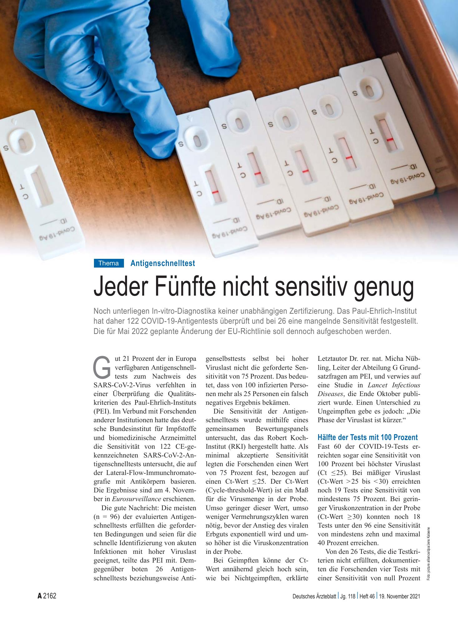 Vorschauseite 1: Antigenschnelltest: Jeder Fünfte nicht sensitiv genug – Deutsches Ärzteblatt