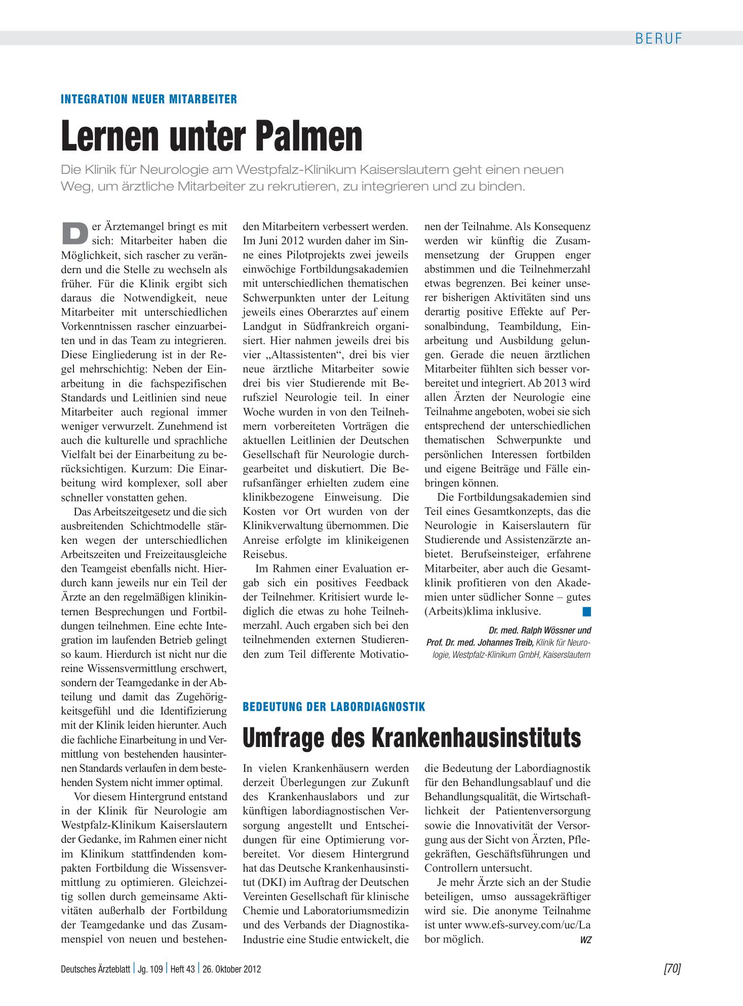 Vorschauseite 1: Integration neuer Mitarbeiter: Lernen unter Palmen – Deutsches Ärzteblatt