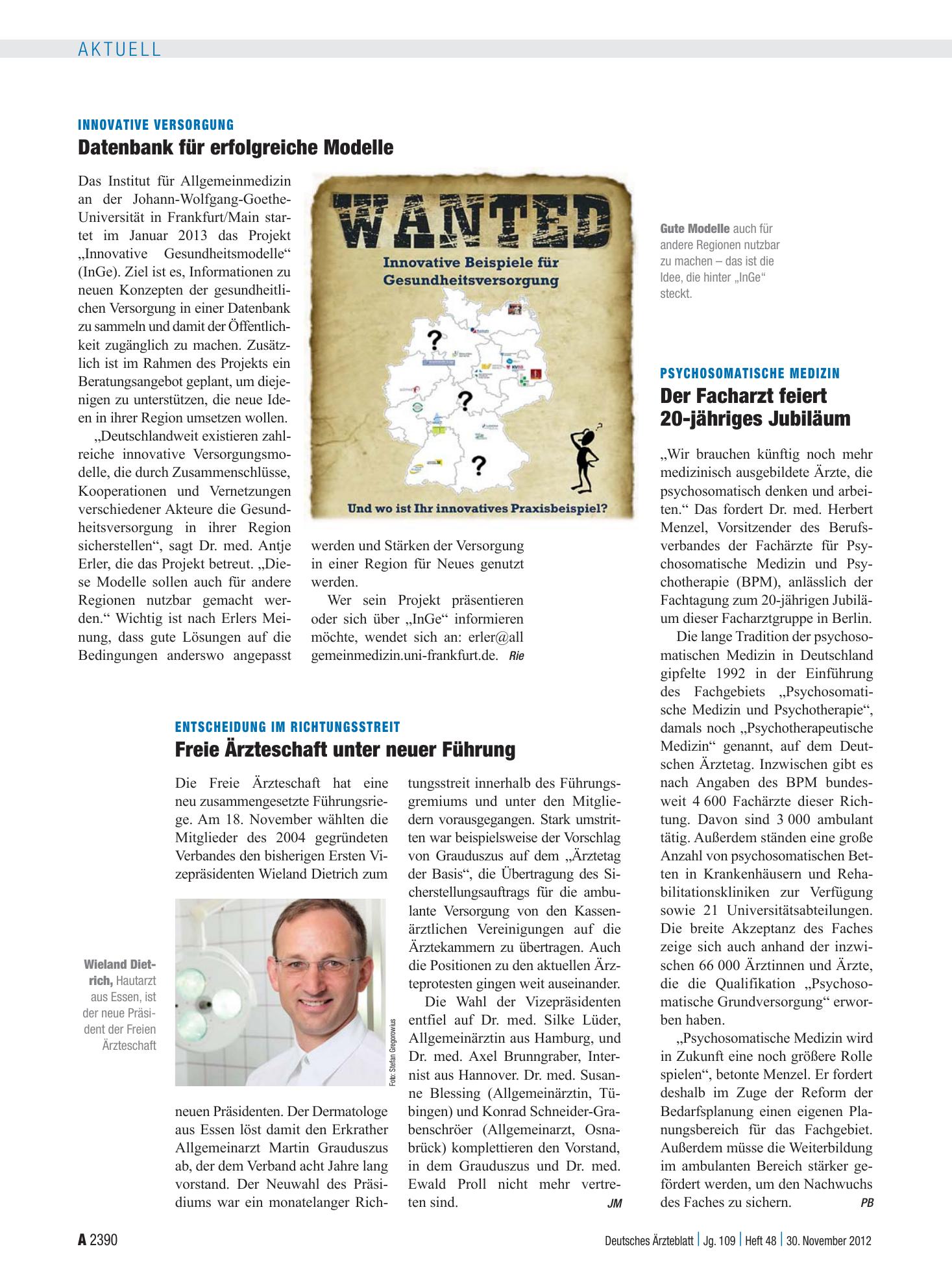 Vorschauseite 1: Innovative Versorgung: Datenbank für erfolgreiche Modelle – Deutsches Ärzteblatt