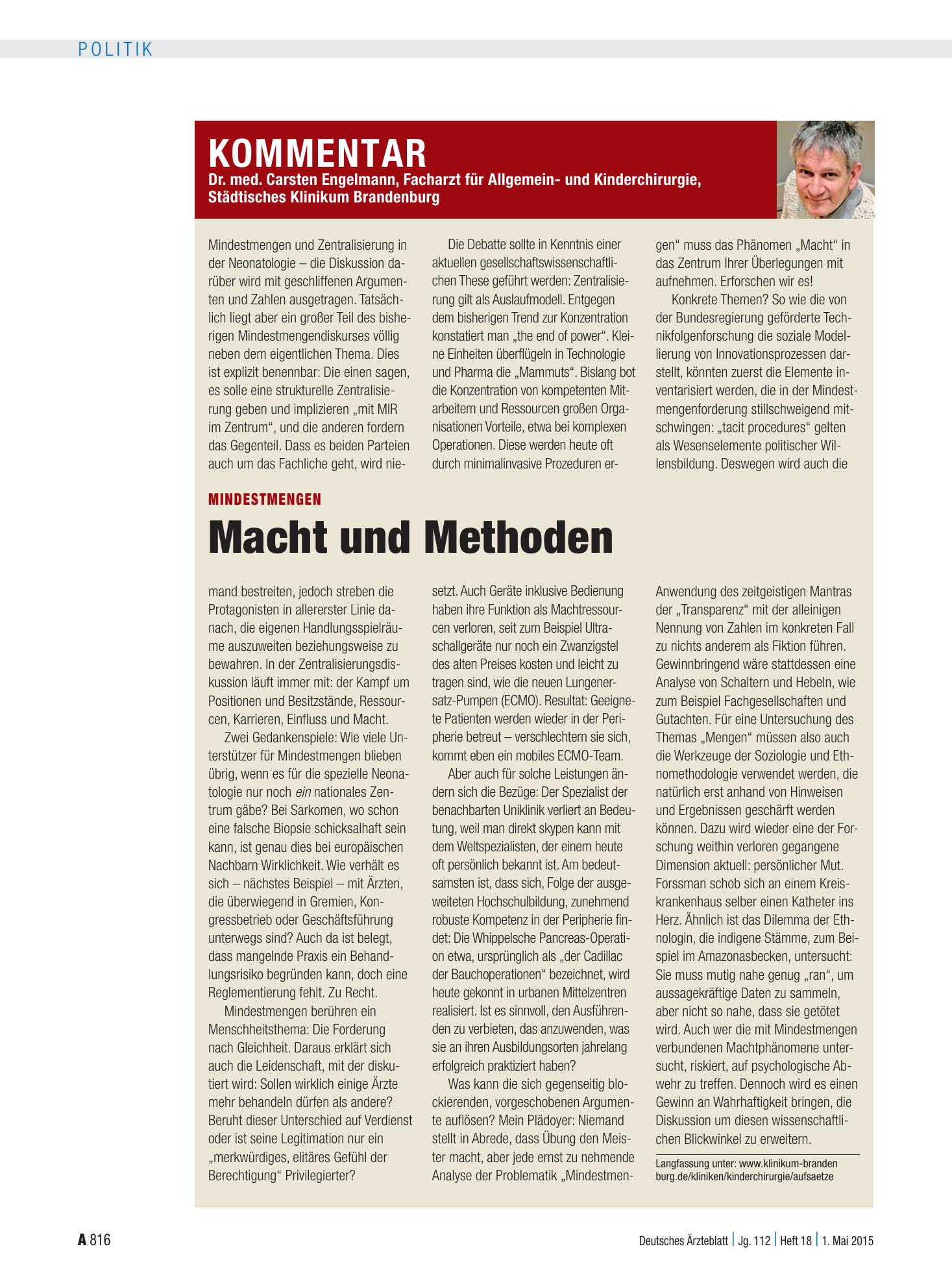 Vorschauseite 1: Mindestmengen: Macht und Methoden – Deutsches Ärzteblatt