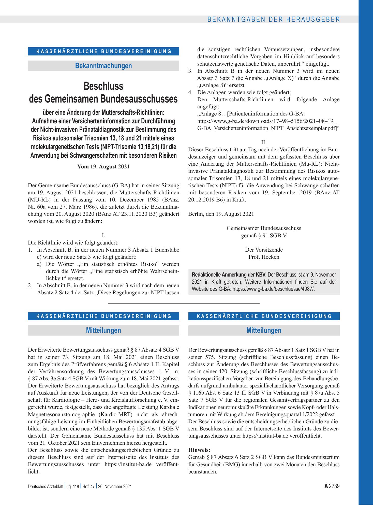 Vorschauseite 1: Mitteilungen – Deutsches Ärzteblatt