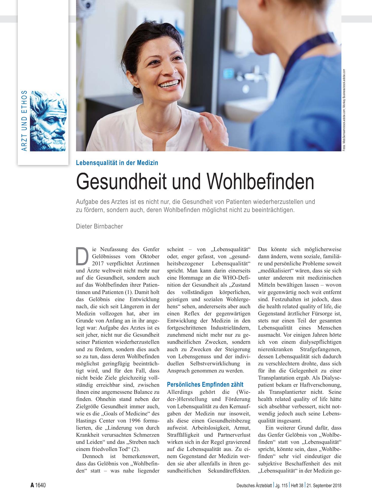 Vorschauseite 1: Lebensqualität in der Medizin: Gesundheit und Wohlbefinden – Deutsches Ärzteblatt