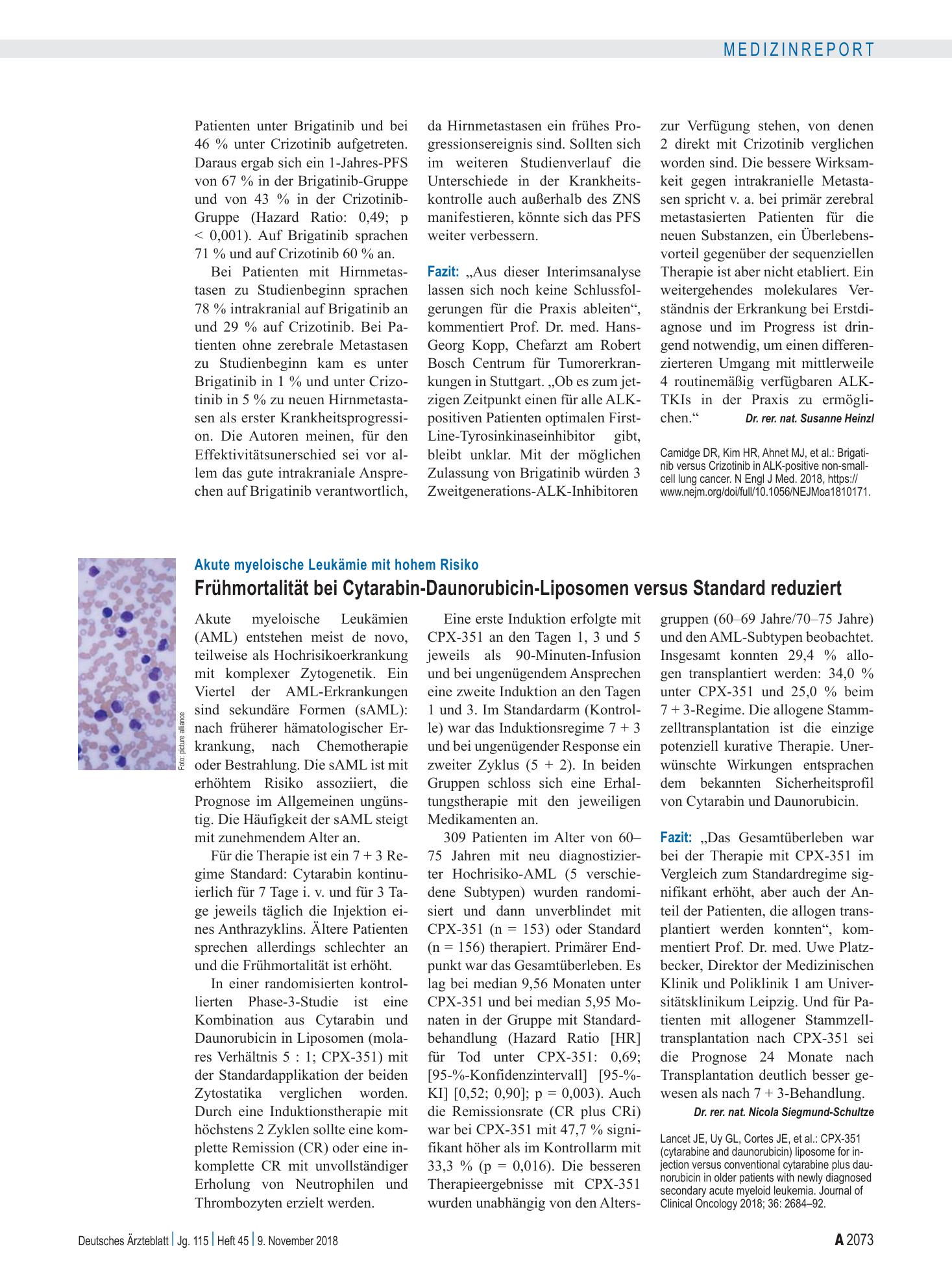 Vorschauseite 1: Akute myeloische Leukämie mit hohem Risiko: Frühmortalität bei Cytarabin-Daunorubicin-Liposomen versus Standard reduziert – Deutsches Ärzteblatt