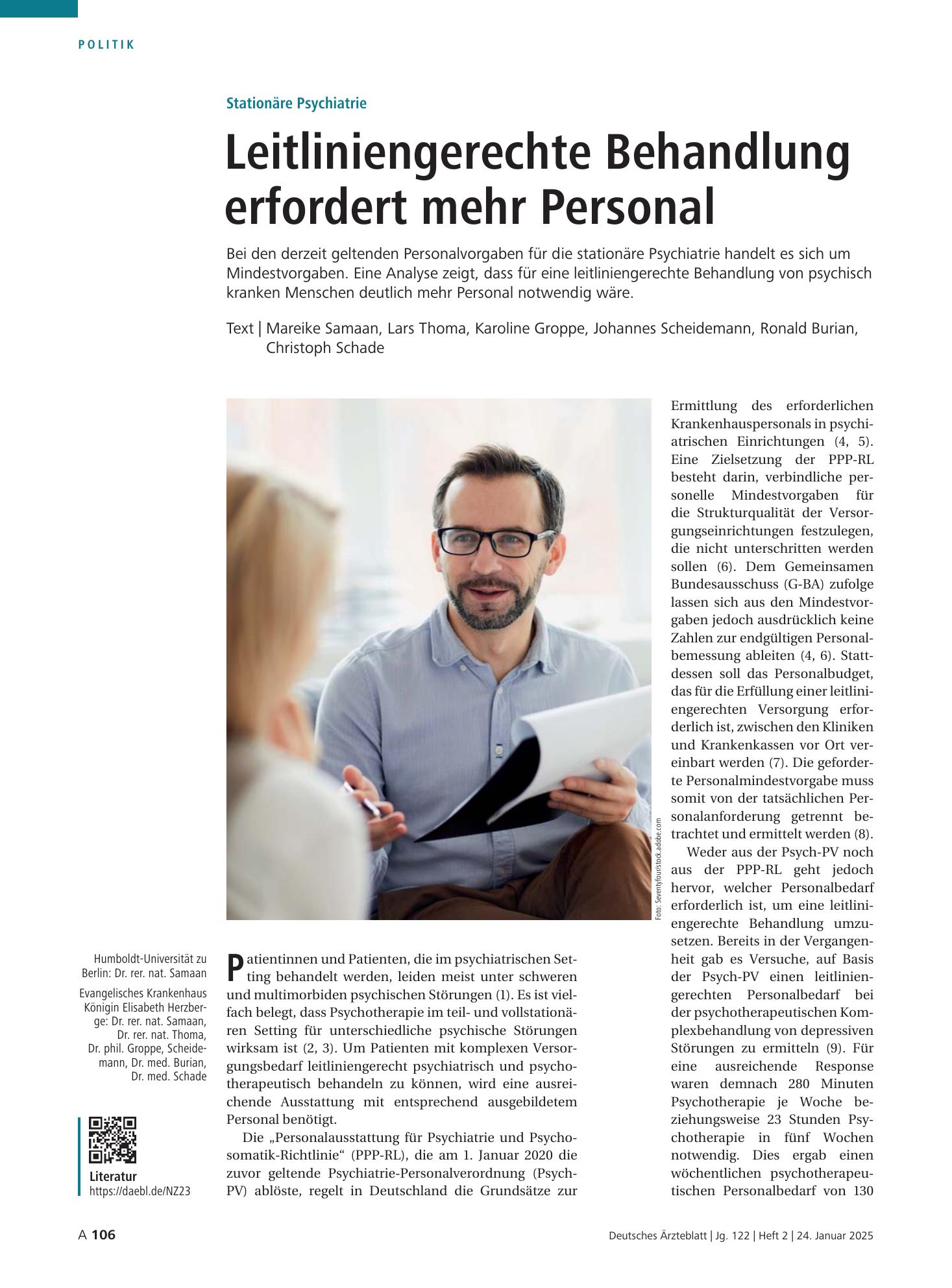 Vorschauseite 1: Stationäre Psychiatrie: Leitliniengerechte Behandlung erfordert mehr Personal – Deutsches Ärzteblatt