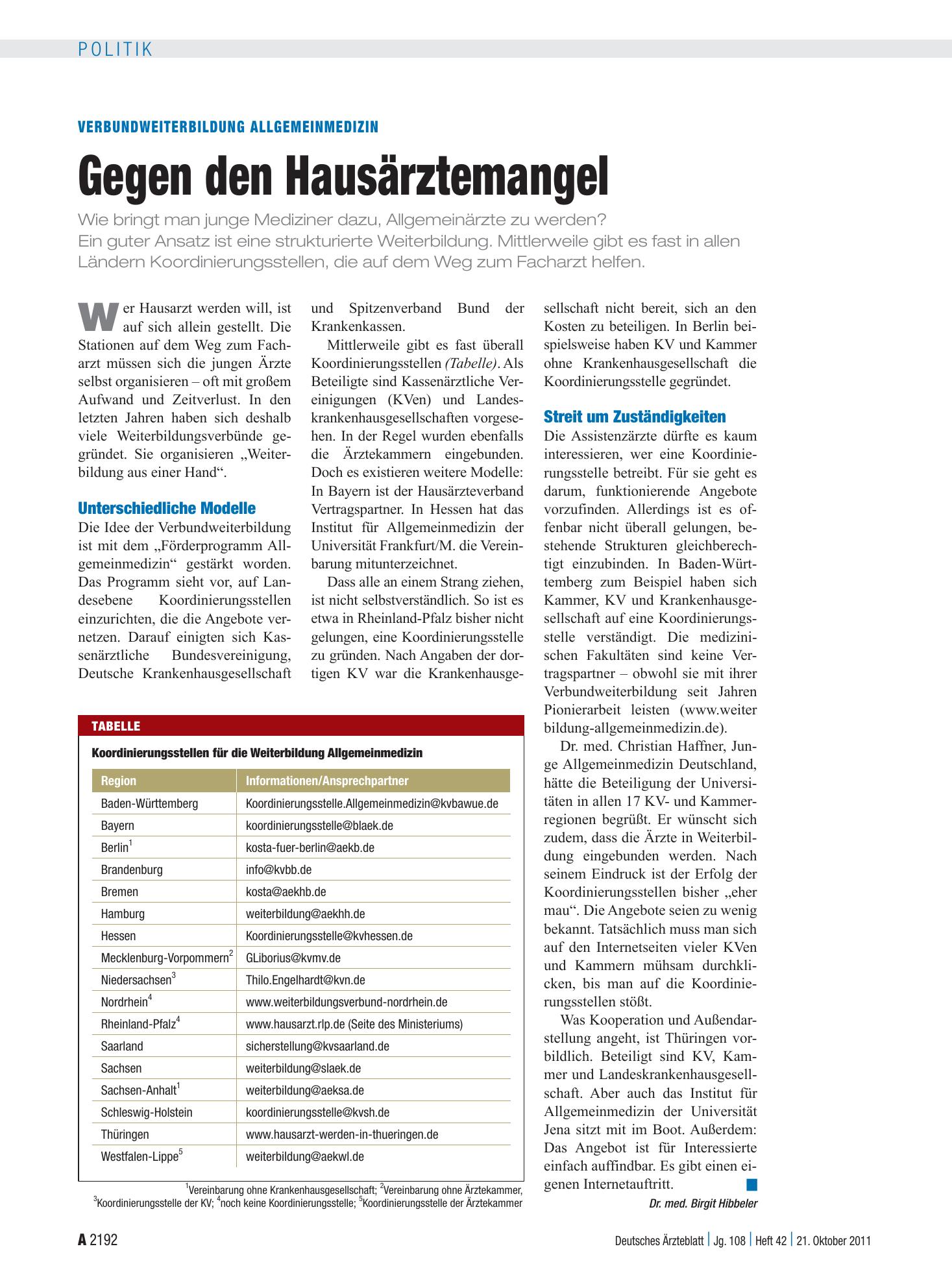Vorschauseite 1: Verbundweiterbildung Allgemeinmedizin: Gegen den Hausärztemangel – Deutsches Ärzteblatt