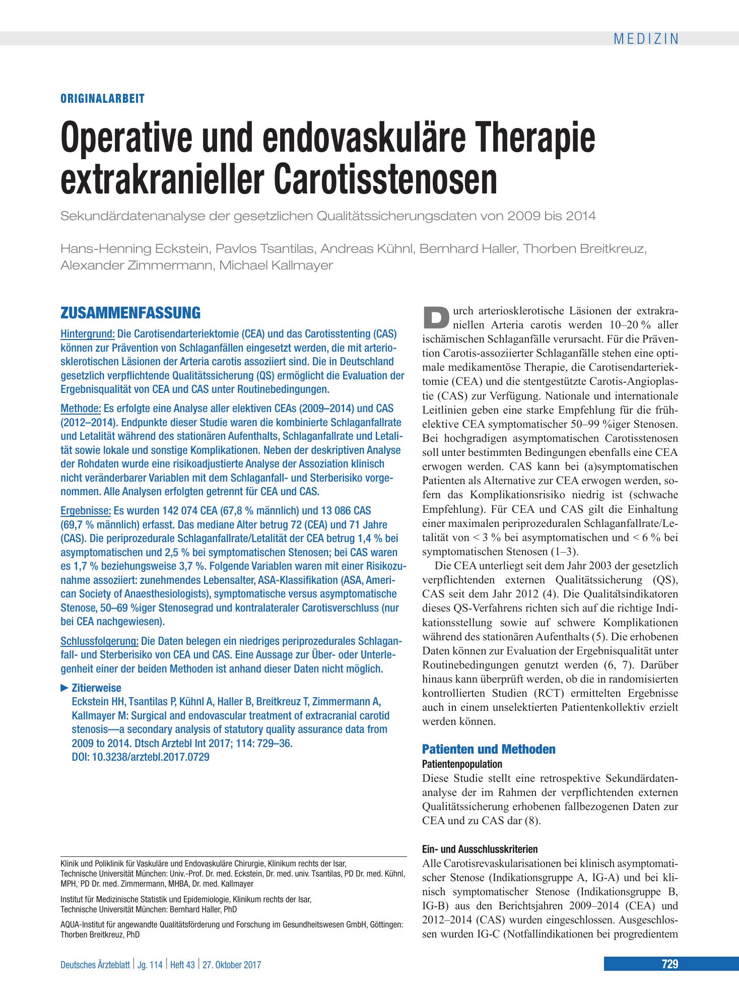 Vorschauseite 1: Operative und endovaskuläre Therapie extrakranieller Carotisstenosen – Deutsches Ärzteblatt