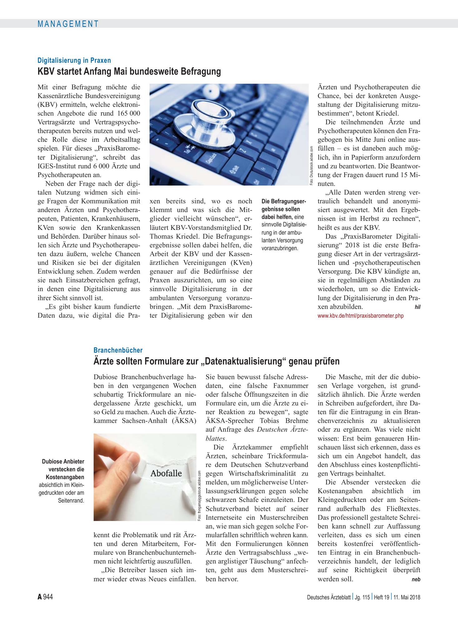 Vorschauseite 1: Branchenbücher: Ärzte sollten Formulare zur „Datenaktualisierung“ genau prüfen – Deutsches Ärzteblatt
