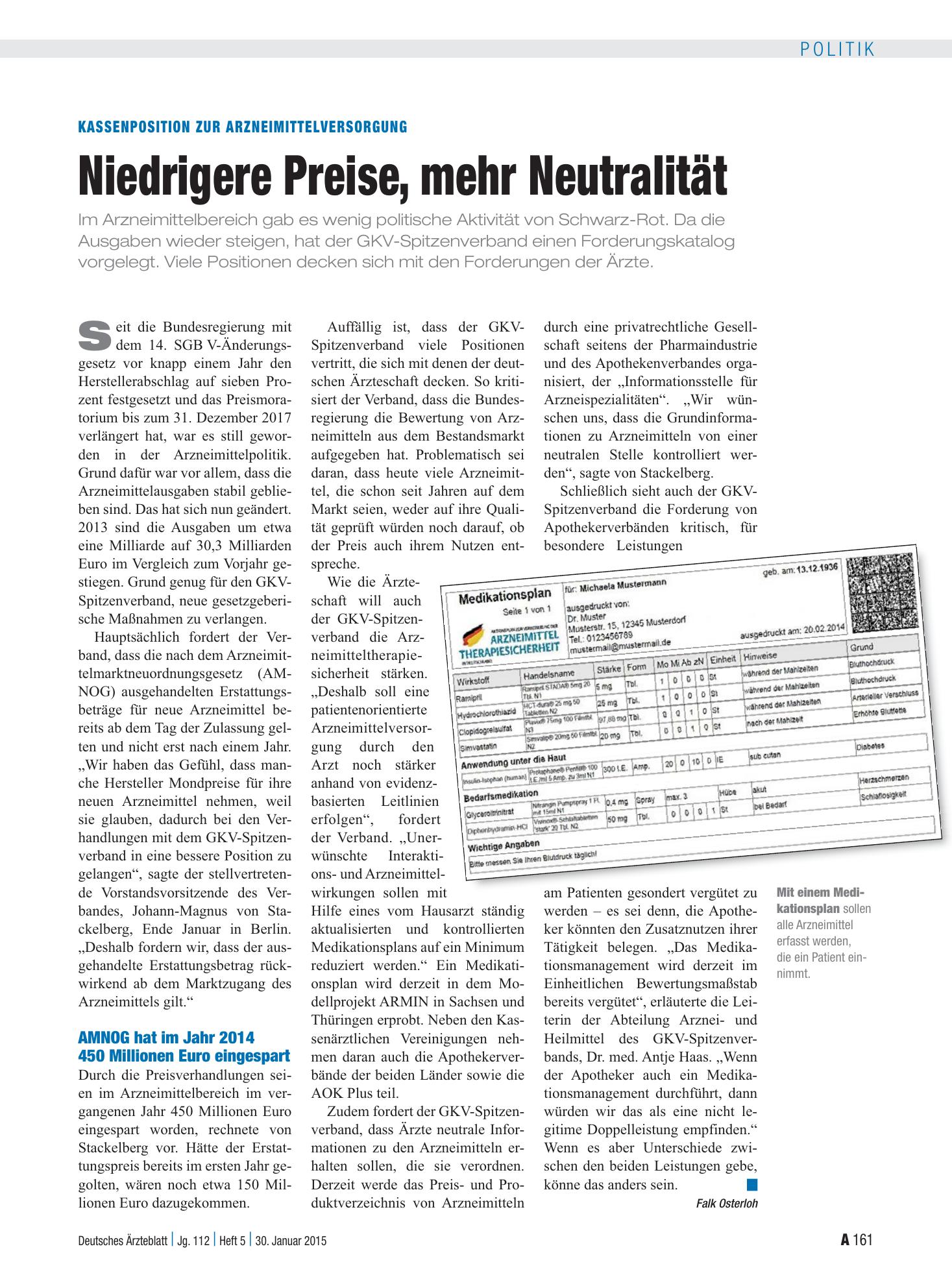 Vorschauseite 1: Kassenposition zur Arzneimittelversorgung: Niedrigere Preise, mehr Neutralität – Deutsches Ärzteblatt