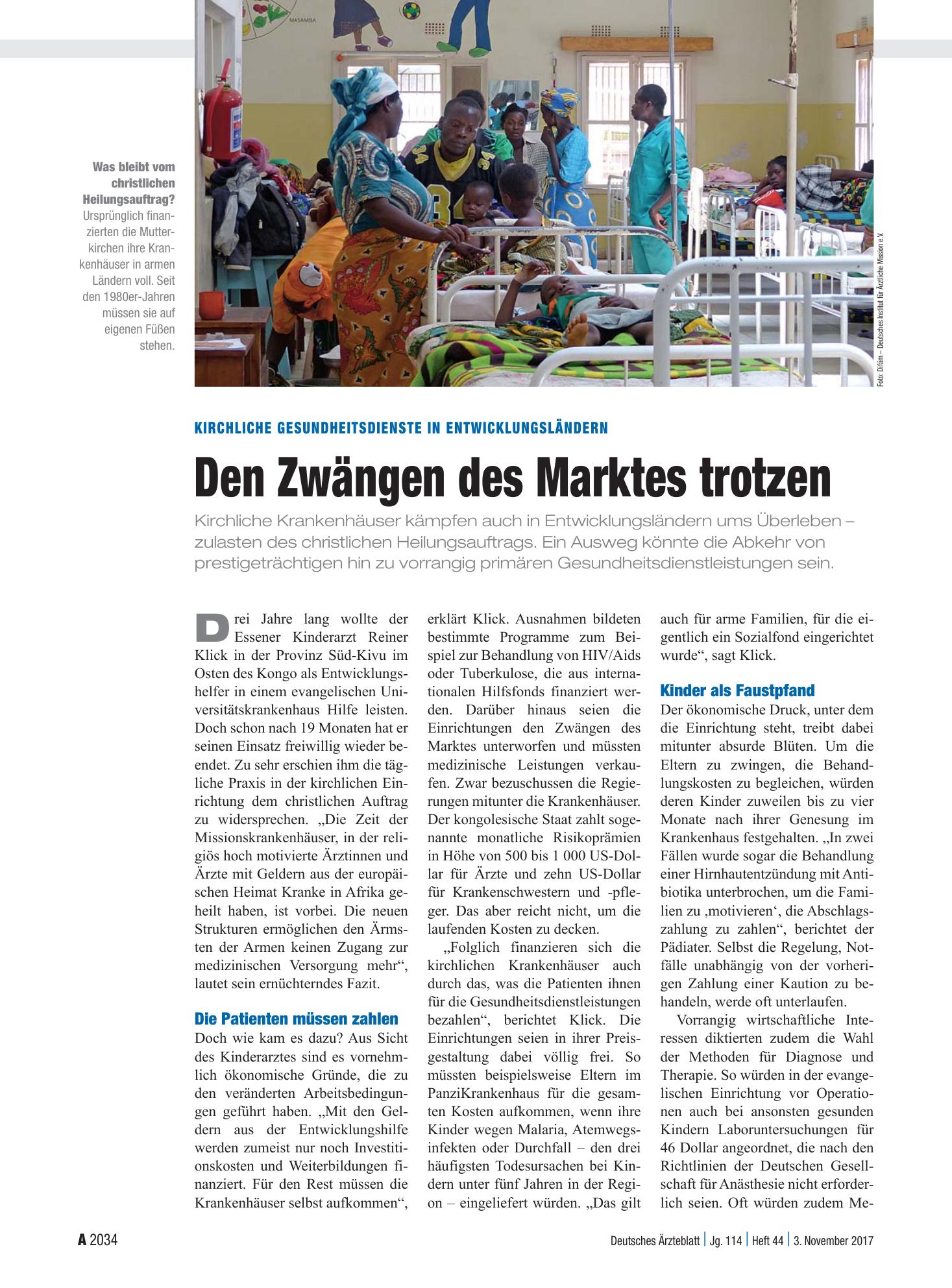 Vorschauseite 1: Kirchliche Gesundheitsdienste in Entwicklungsländern: Den Zwängen des Marktes trotzen – Deutsches Ärzteblatt