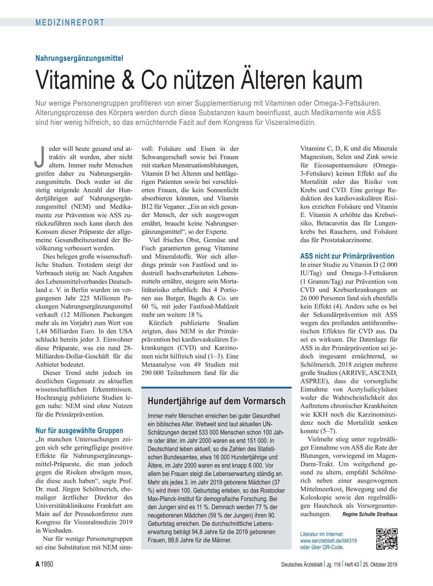 Vorschauseite 1: Nahrungsergänzungsmittel: Vitamine & Co nützen Älteren kaum – Deutsches Ärzteblatt