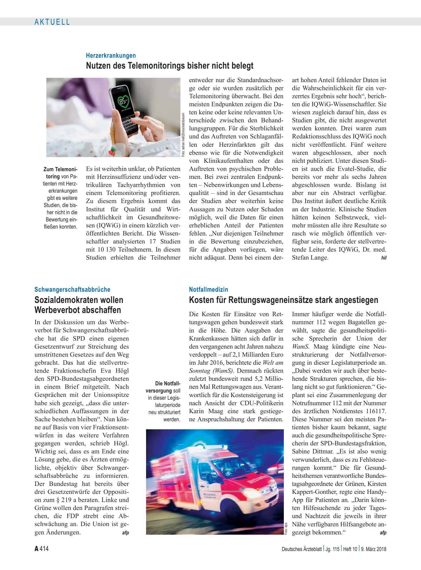 Vorschauseite 1: Herzerkrankungen: Nutzen des Telemonitorings bisher nicht belegt – Deutsches Ärzteblatt
